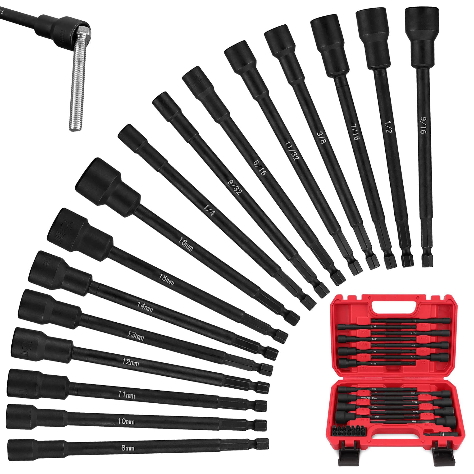 Etokfoks 31 Piece Magnetic Nut Driver Impact Bit Set Extra Long SAE and Metric Hex Socket Drill Bits 1/4 Inch Quick Change Shank with Case #LET0303N14
