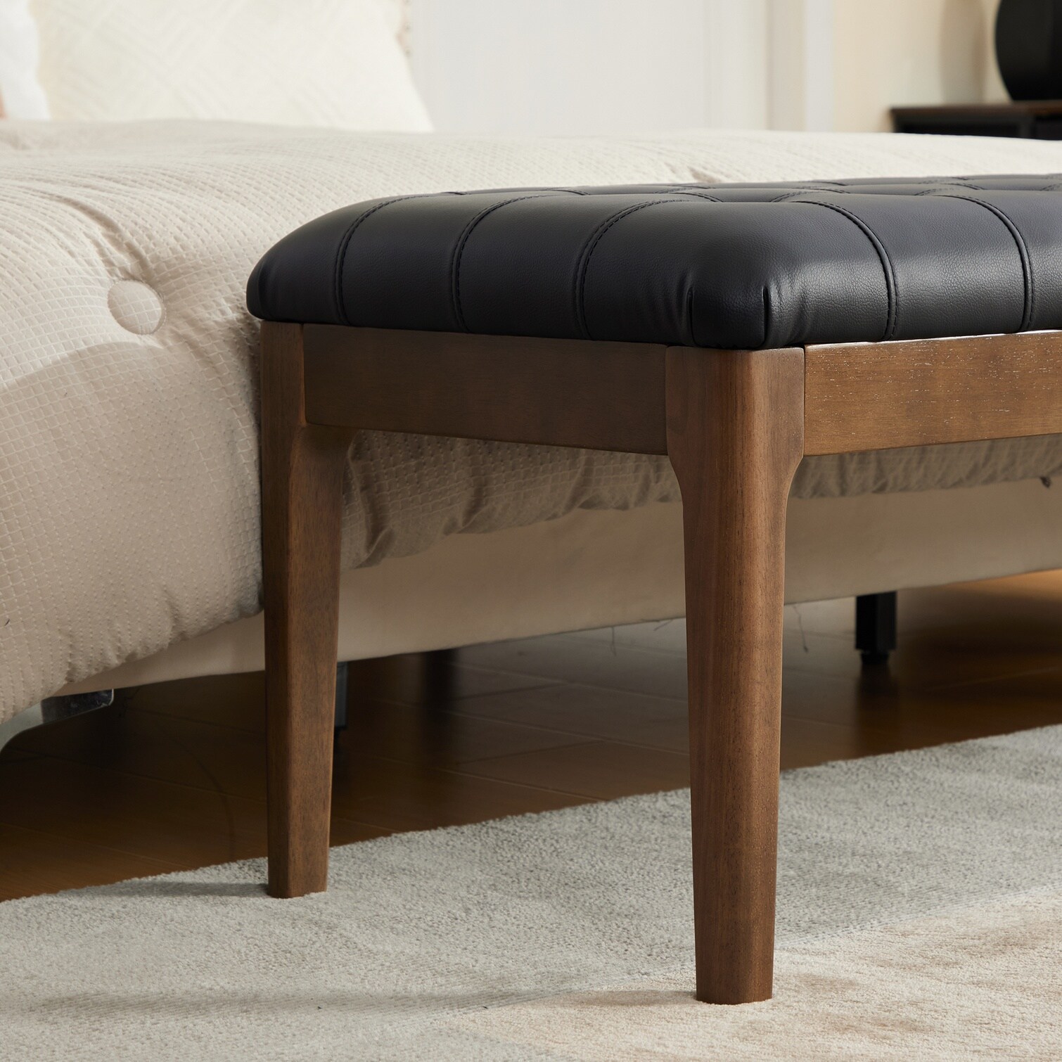 Watnature Black Faux Leather Upholstered Bedroom Bench 66-Inch Button ...