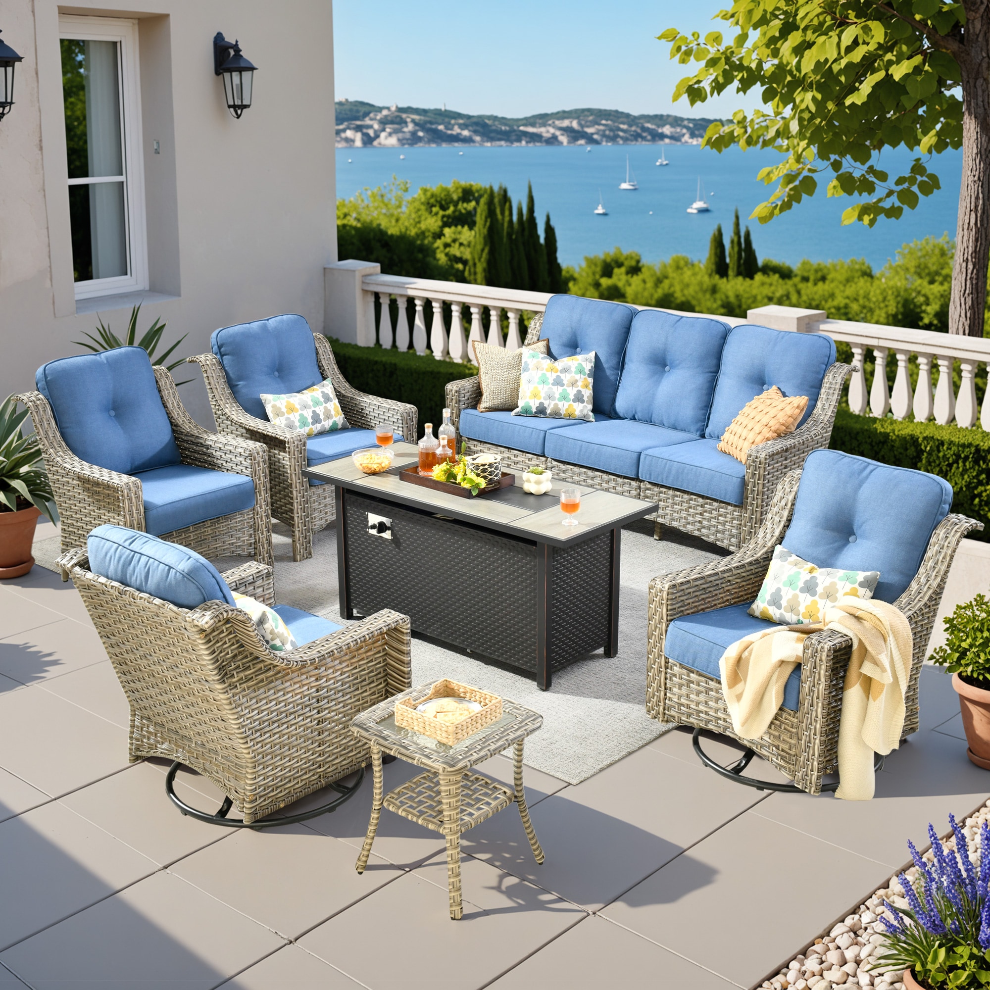 Pouuin SDFPYZPAD506 7 -Piece Wicker Patio Sofa Conversation Set with Blue Cushions