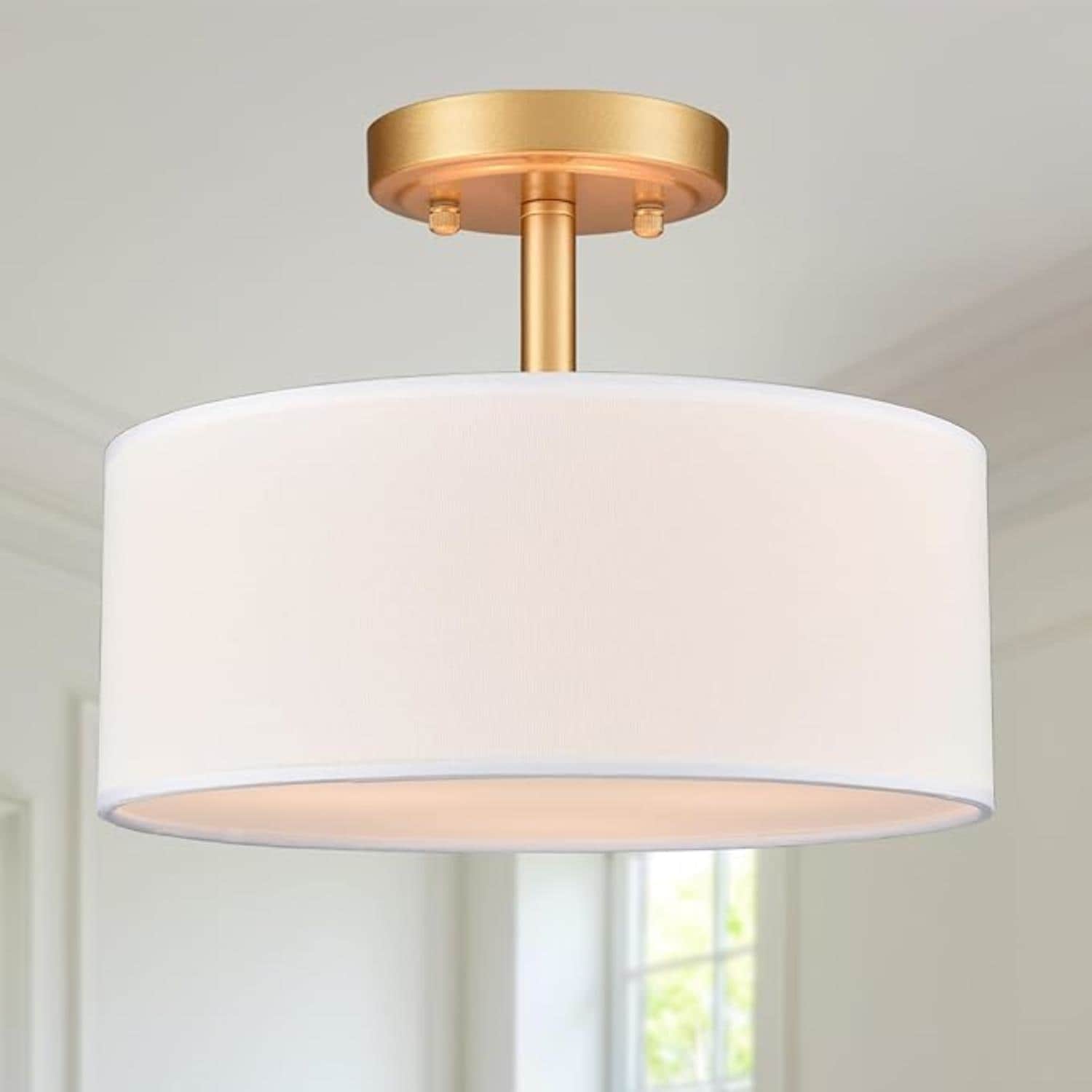 Brushed Brass and White Fabric Drum LED Ceiling Light