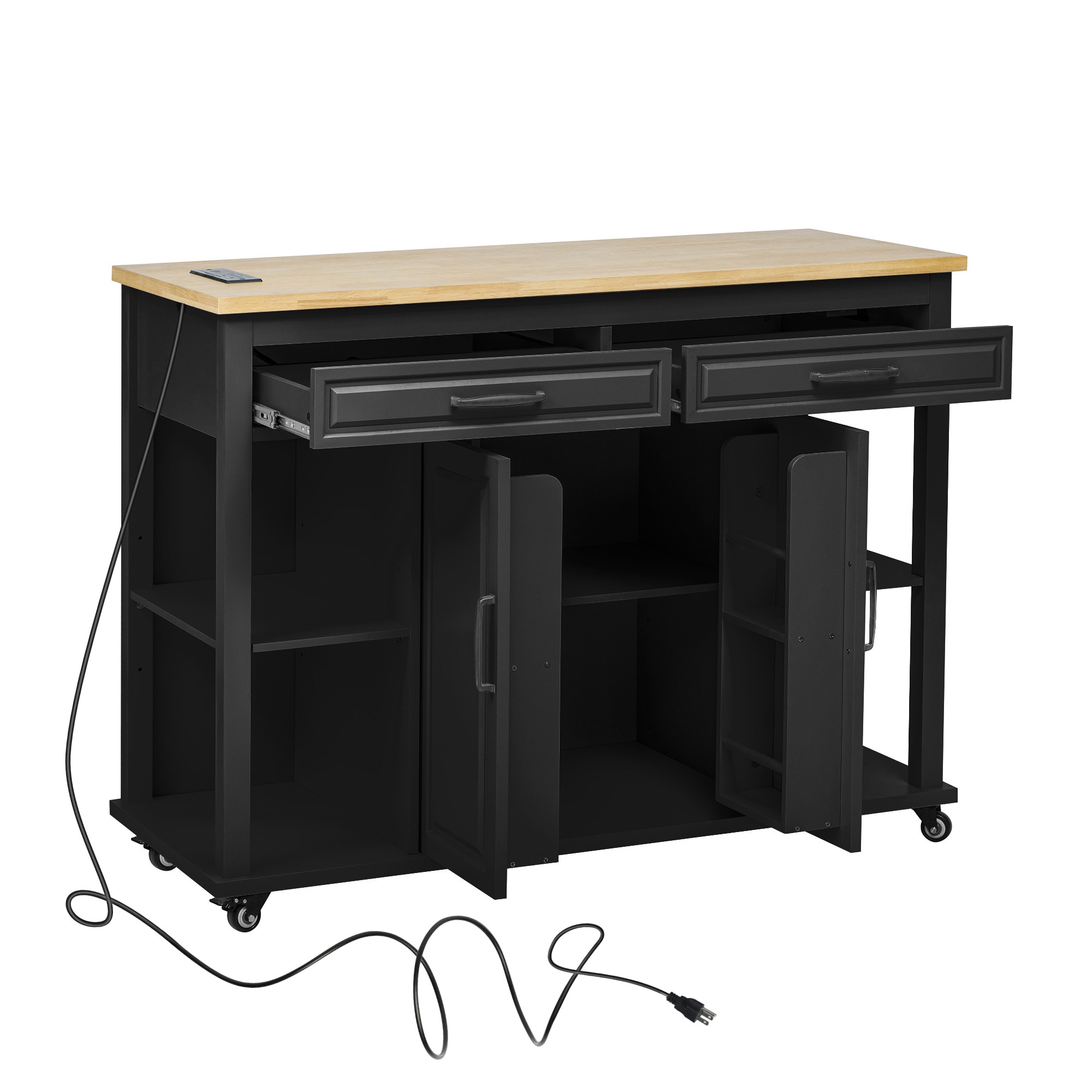 Oaks Decor OAN7075327B Black MDF Base with MDF Rolling Kitchen Island ( 34-in x 47-in x 37-in )