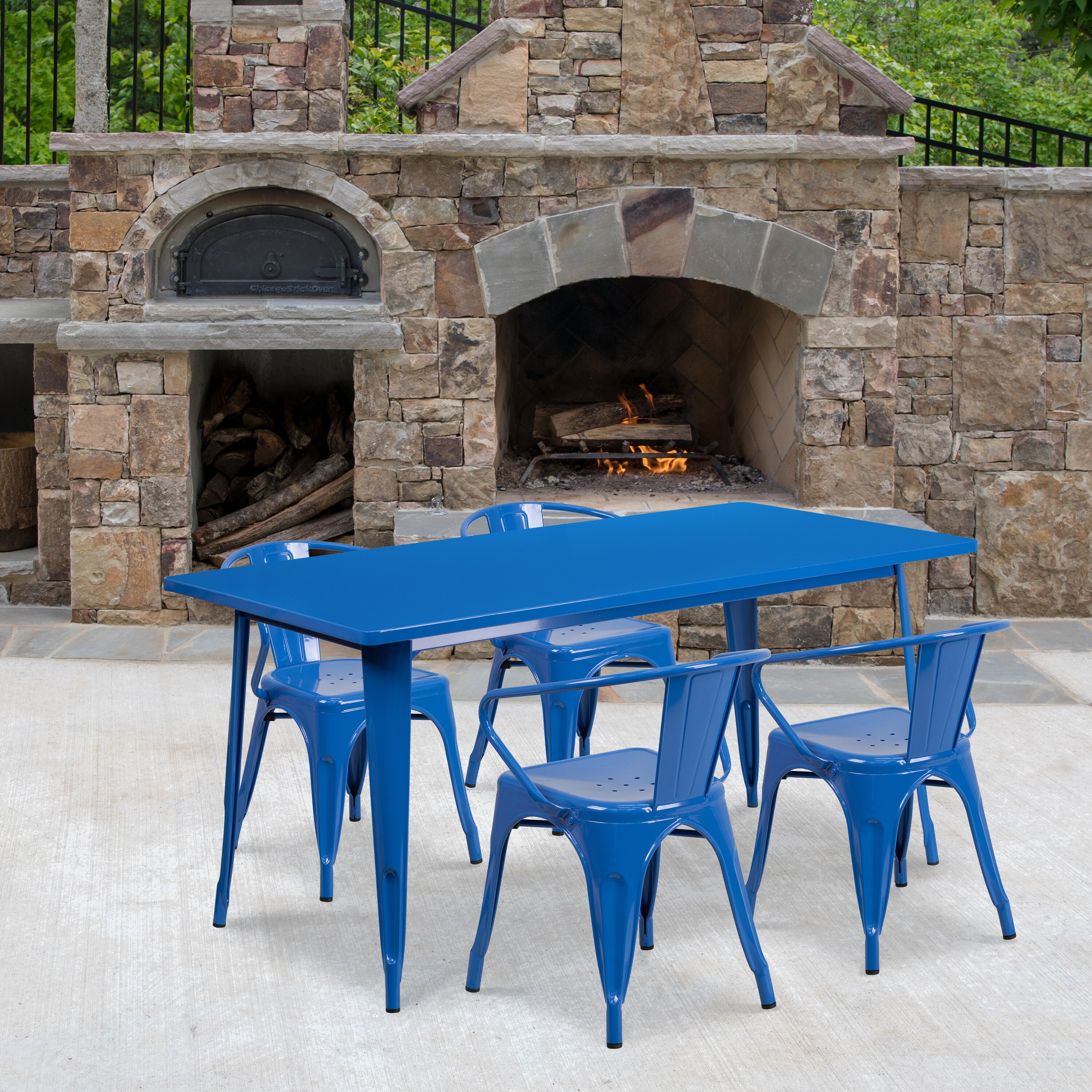 Flash Furniture 889142049388 Fisher Commercial Grade 31.5-in x 63-in Rectangular Blue Metal Indoor-Outdoor Table Set with 4 Arm Chairs