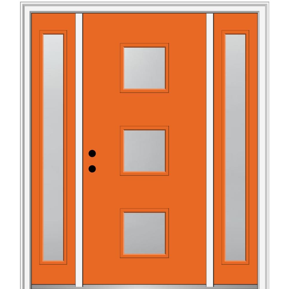MMI DOOR ZZ350130R Spotlights 60-in x 80-in x 6-9/16-in Fiberglass Pulse lite Right-hand inswing Tangerine Painted Prehung Front Door with Sidelights with Brickmould Insulating core