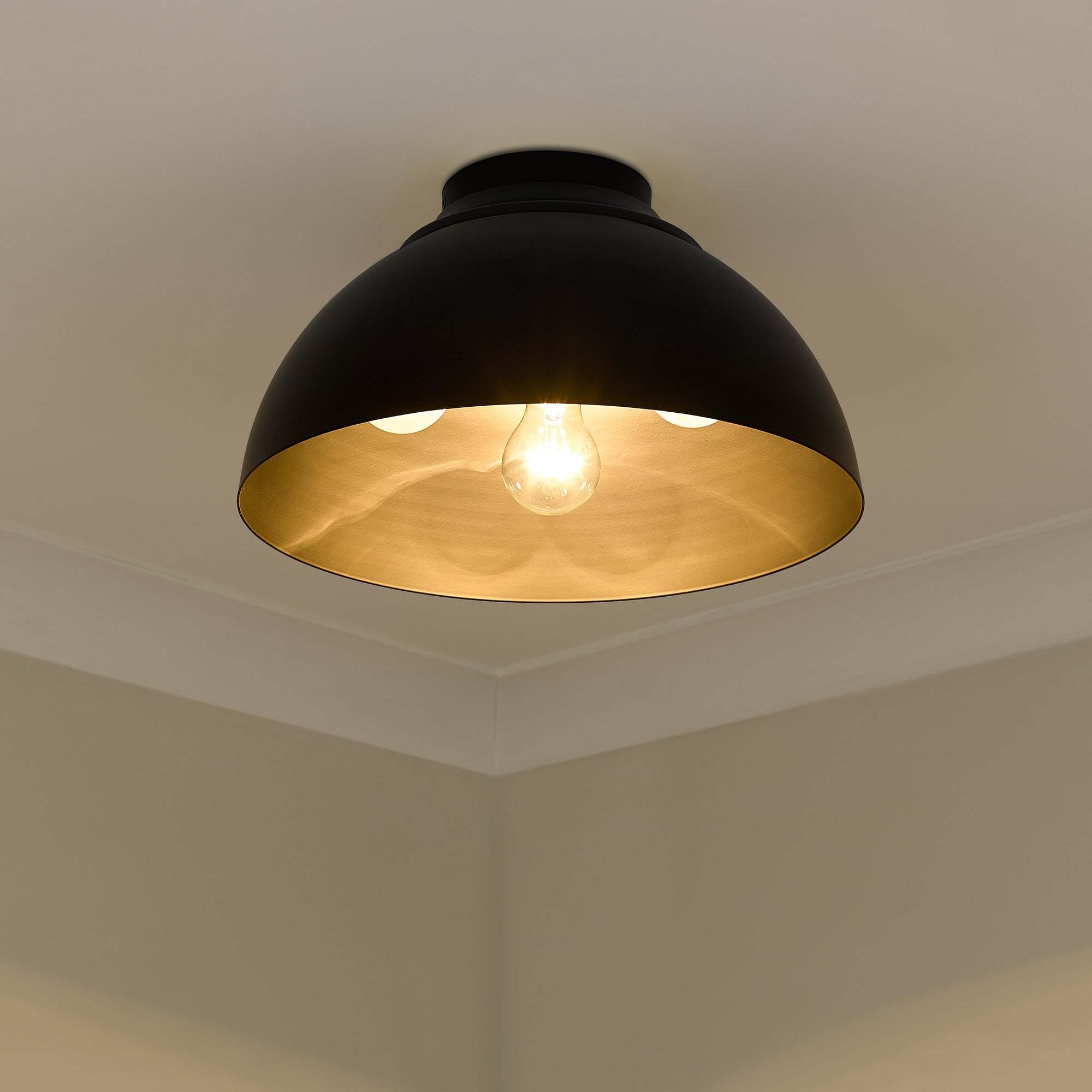 Zoey Matte Black Glass Bowl Flush Mount Light, 13.75"