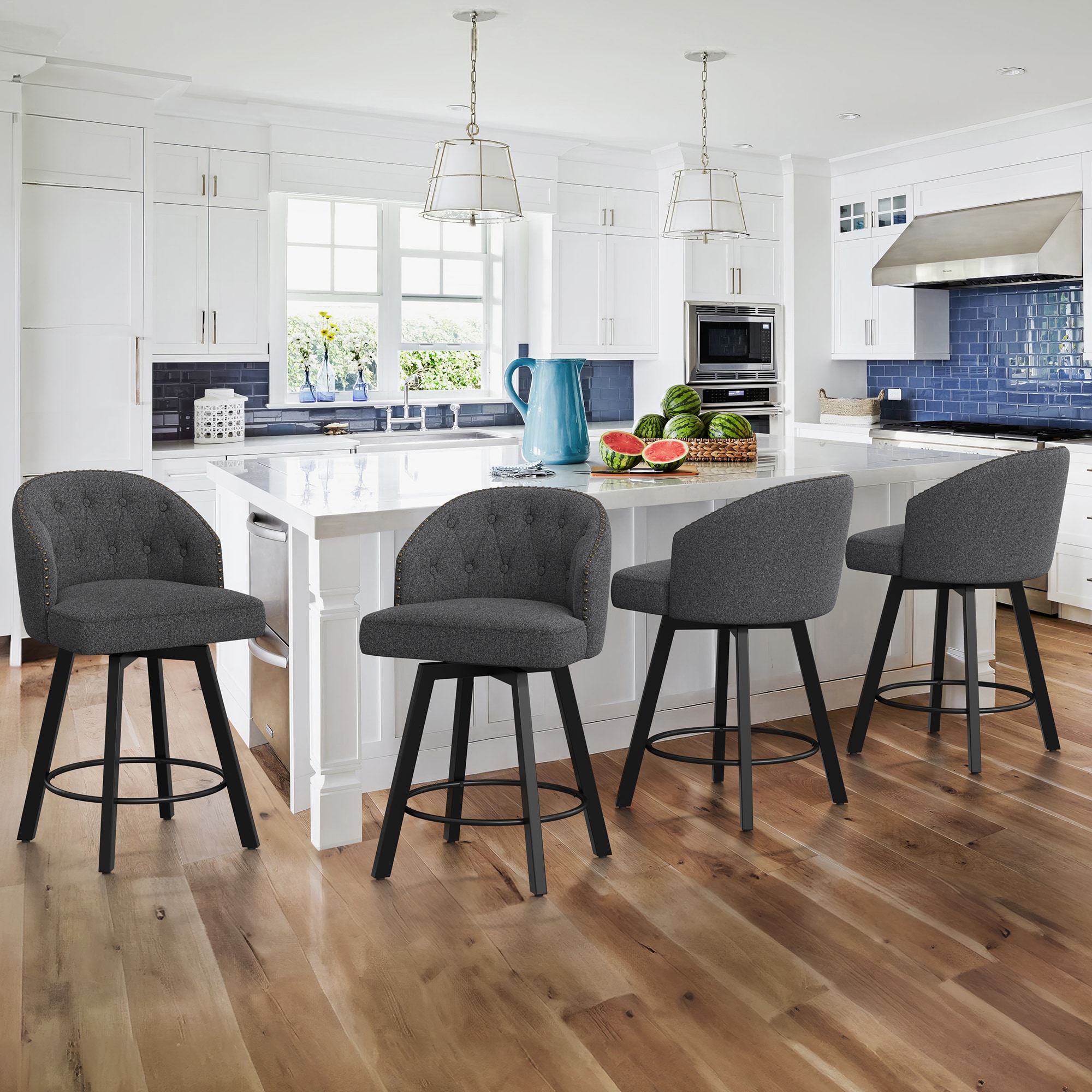 LUE BONA 4YB-099-06LS 4 -Set Gray/Fabric 26.4-in H Counter height Square seat Upholstered Swivel Metal Bar Stool and Back