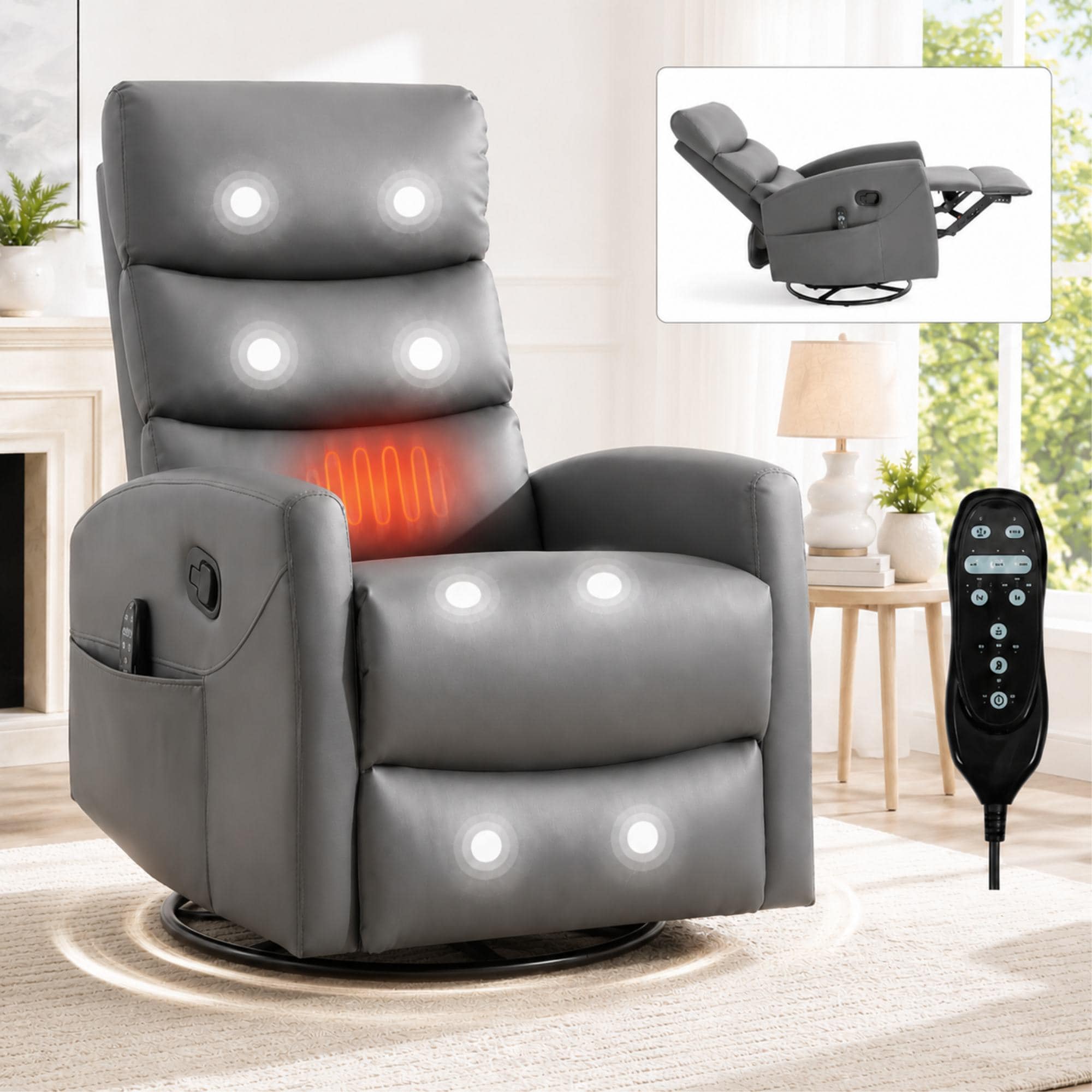 GZMR - Vibration Massage and Heat Swivel Rocker Recliner Chair Gray Faux leather Upholstered Swiv...