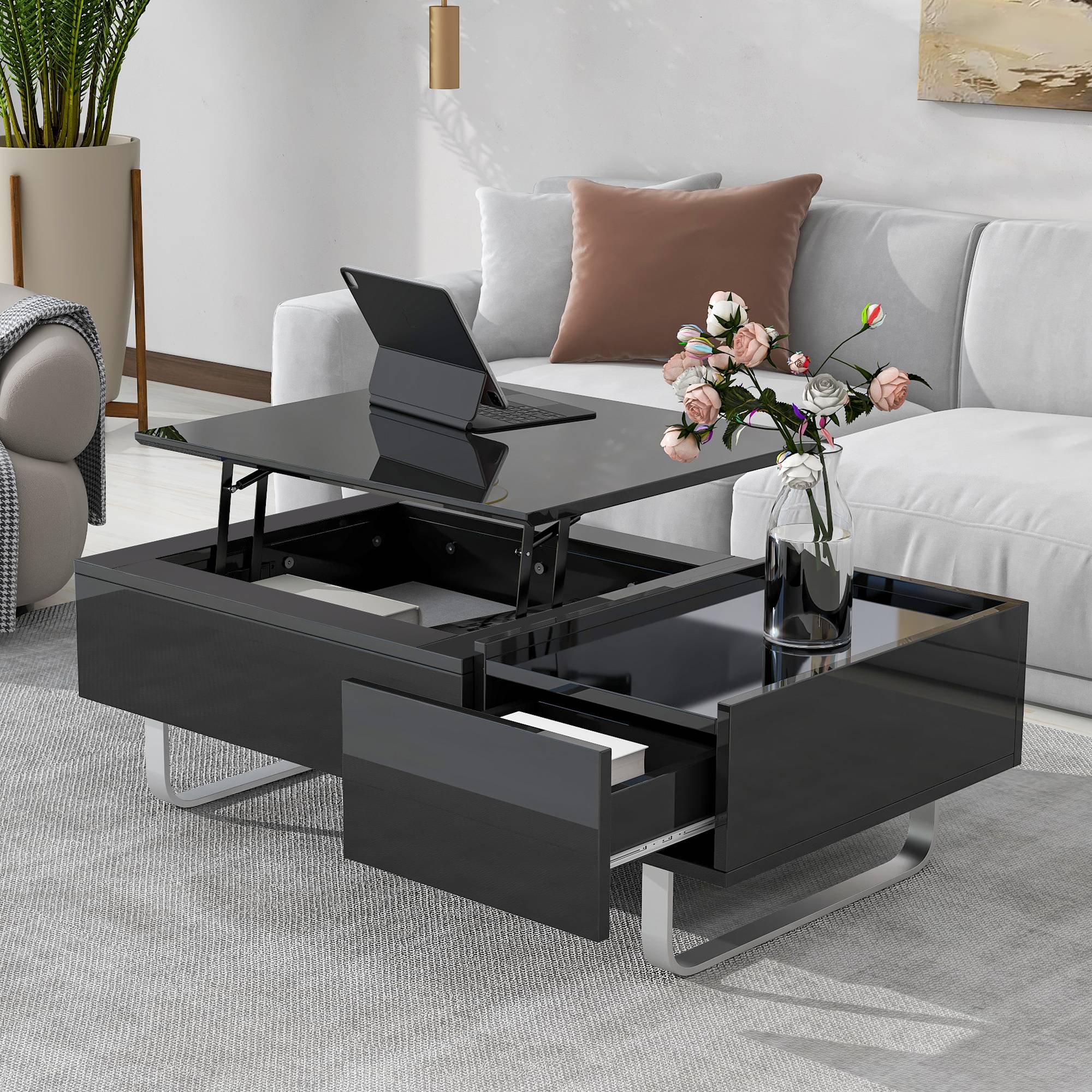 Yiekholo Black Particleboard Casual Coffee Table with Storage LL-980AAB ...