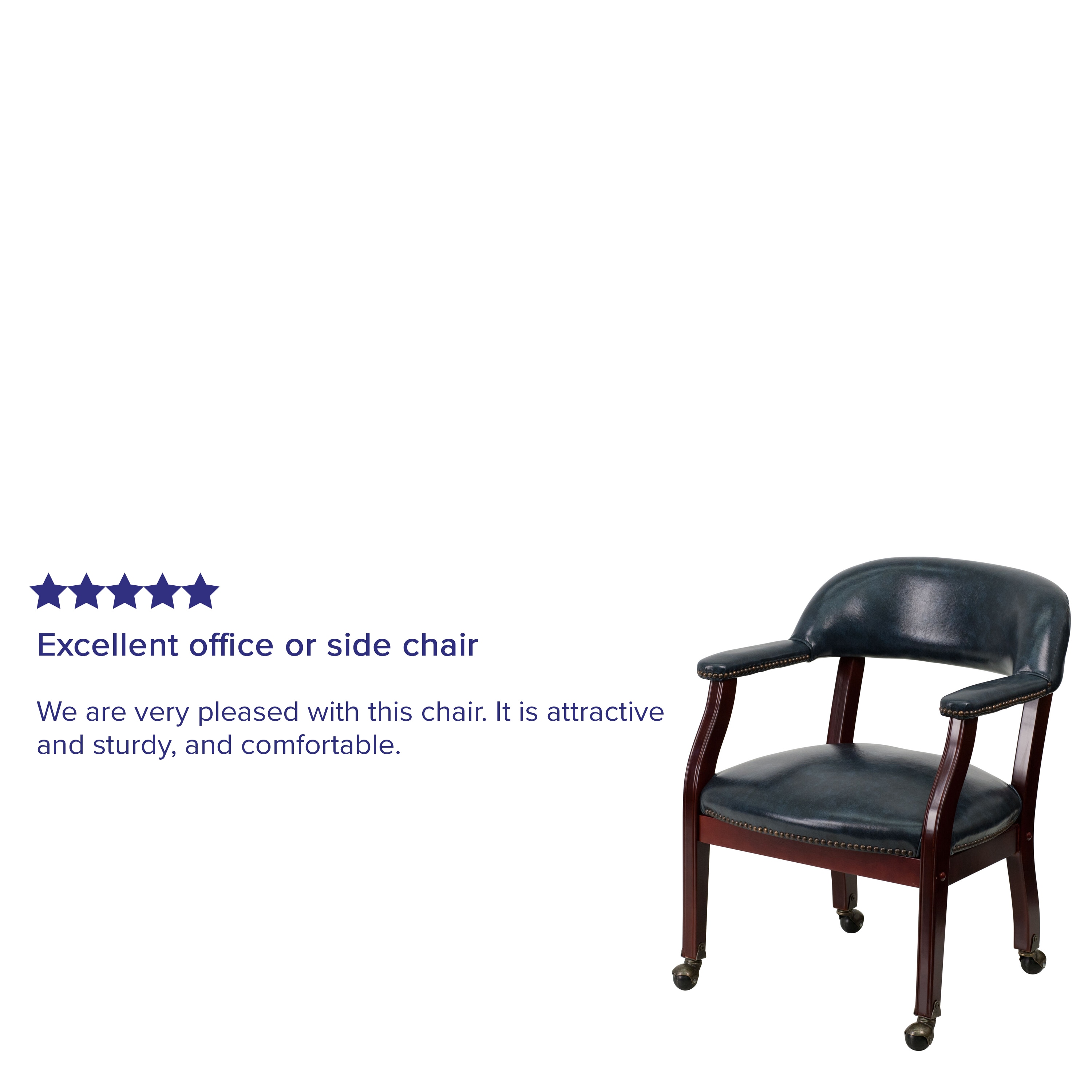 Navy Vinyl Captain's Conference Chair with Brass Casters and Mahogany Frame