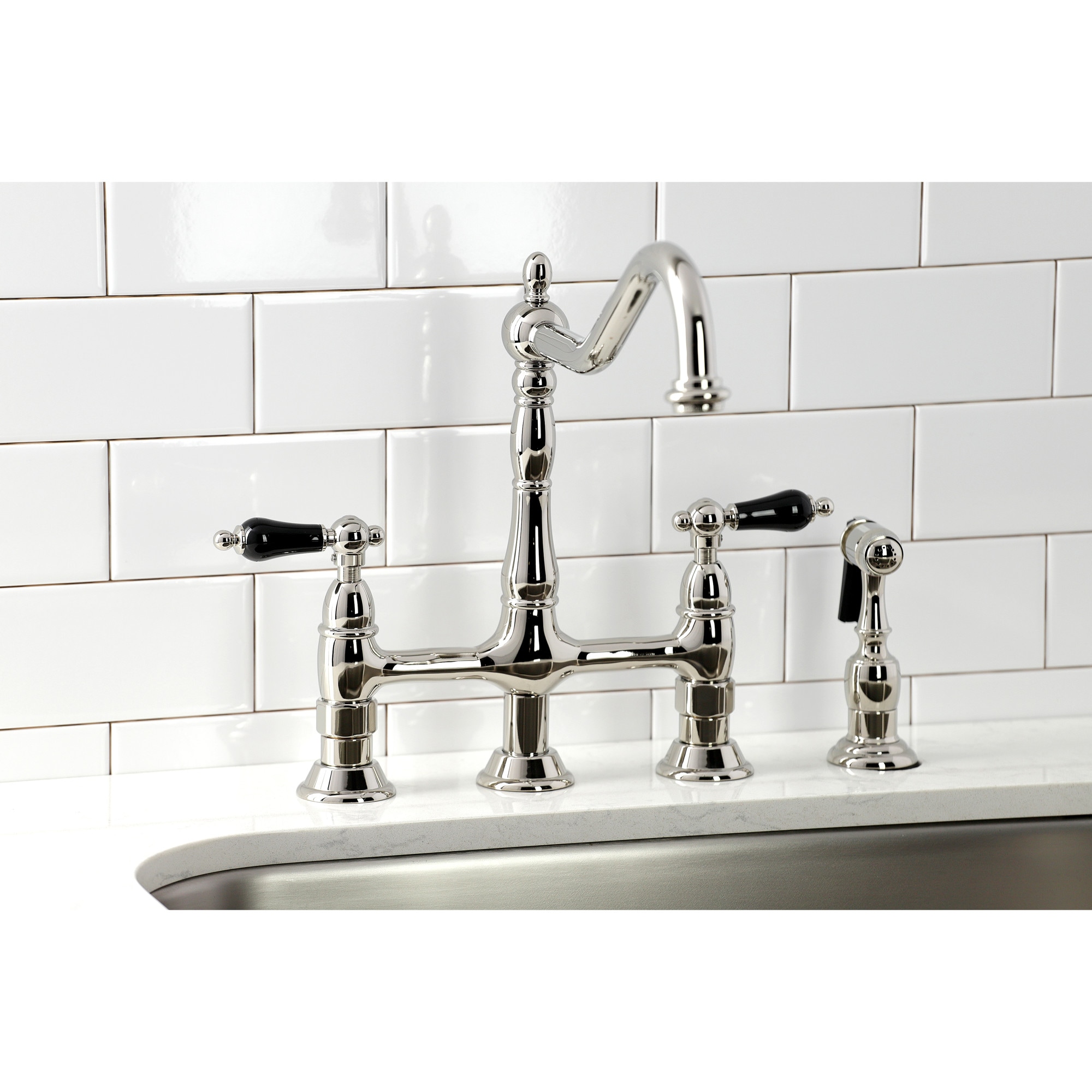 Kingston Brass WLKS1276PKLBS Duchess Polished nickel Single Handle Deck-mount Bridge Kitchen Faucet with Sprayer ( Side Sprayer Included )