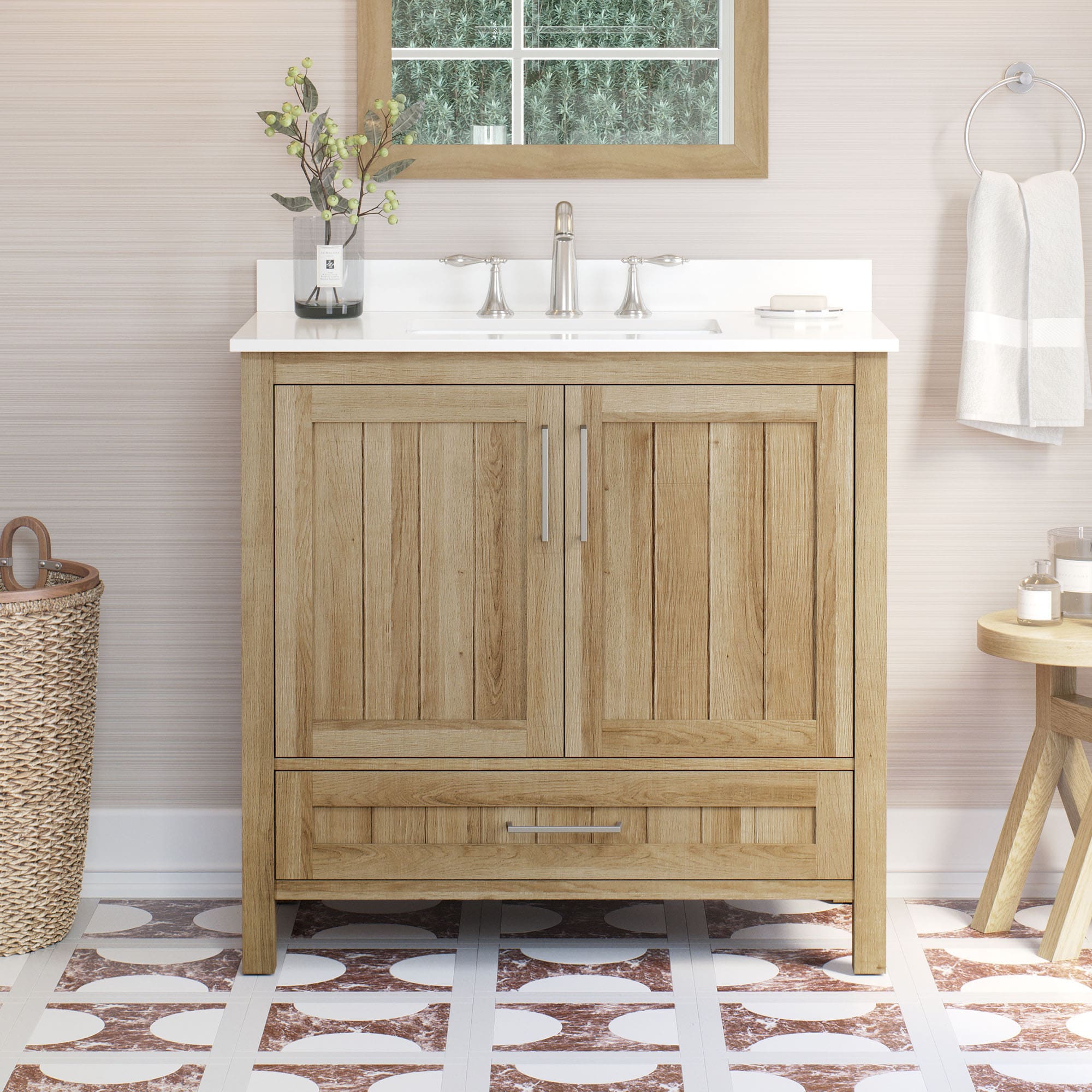 OVE Decors 15VVAR-DARW36-124 Darwin 36-in White oak Undermount Single sink Bathroom Vanity with White Engineered stone Top