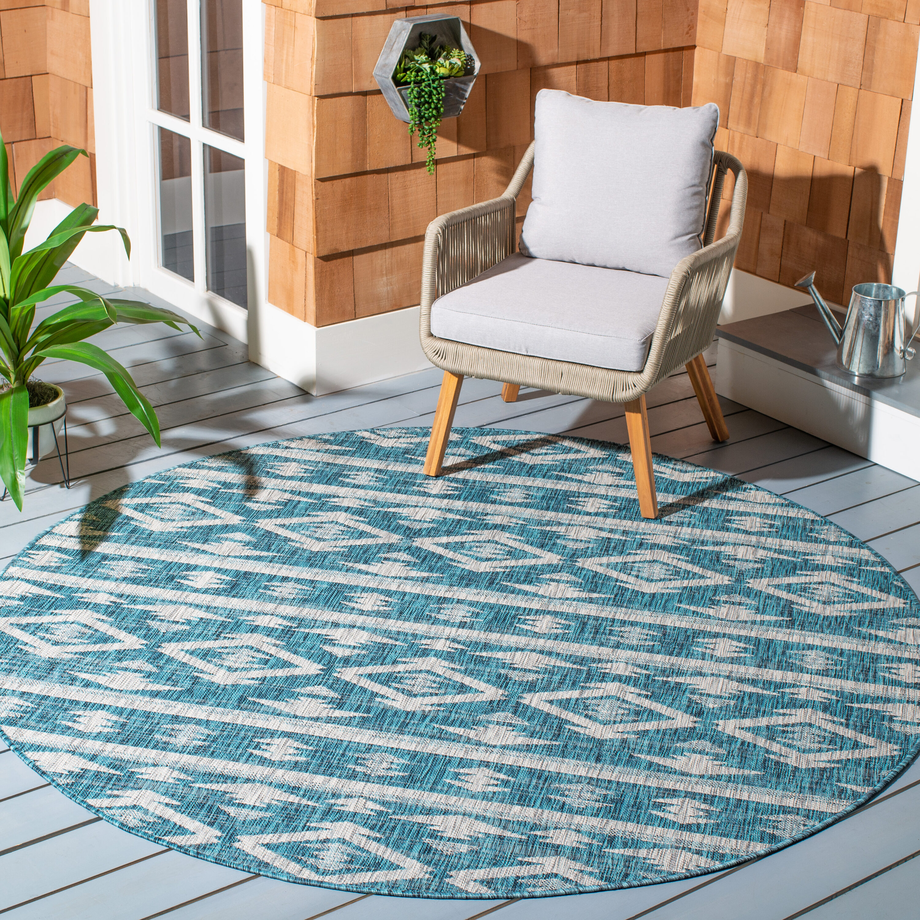 Safavieh CY8863-37221-7R Courtyard Tempe 7 x 7 (ft) Loomed Polypropylene Teal/Gray Round Indoor/Outdoor Distressed/Overdyed Coastal Area rug