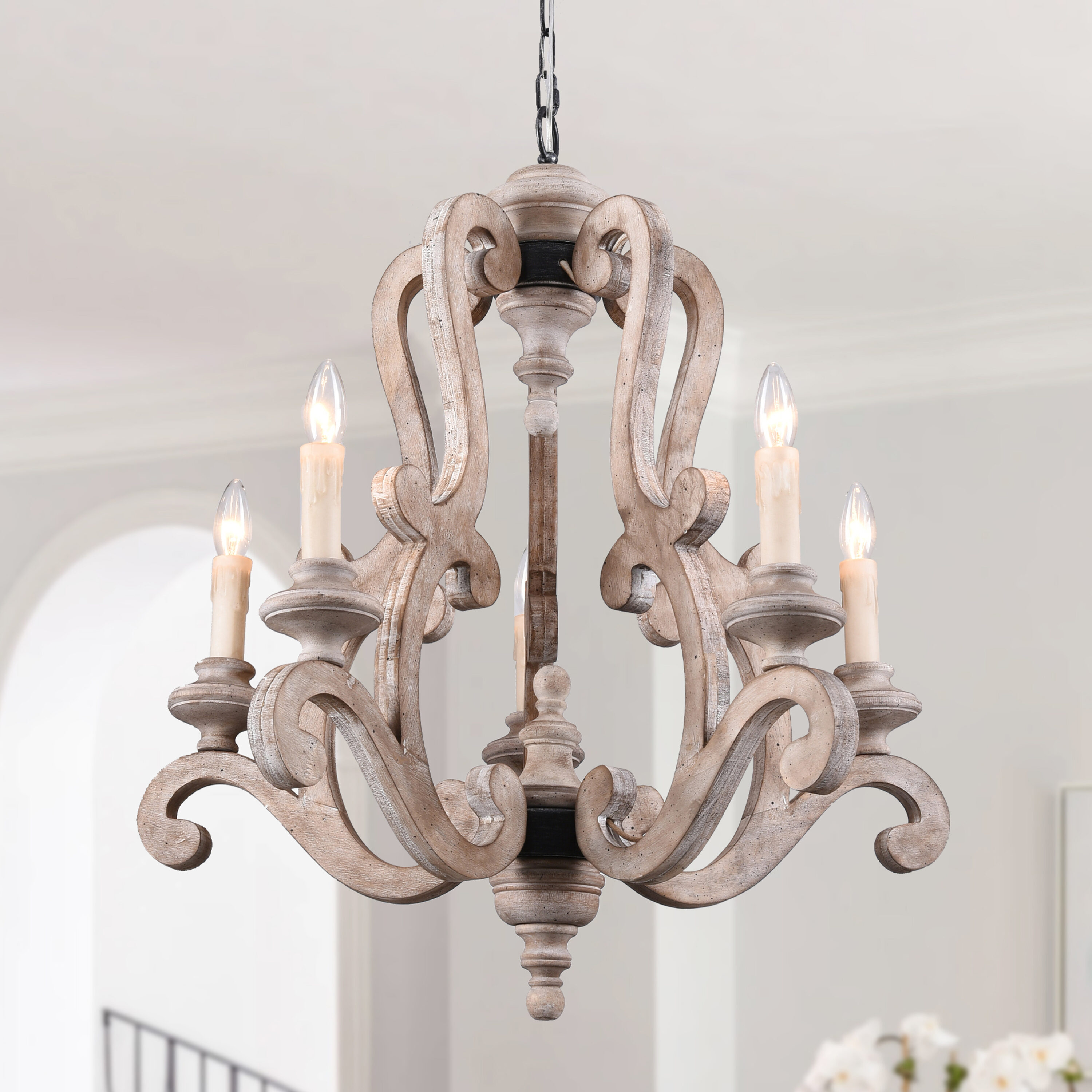 Oaks Decor FC4004-5H Buttrio 5 -Light Distressed Brown French country/cottage Bare bulb Wood For Use in Bathrooms, Bedrooms, Dining Rooms, Foyers, Kitchens, Living Rooms Chandelier