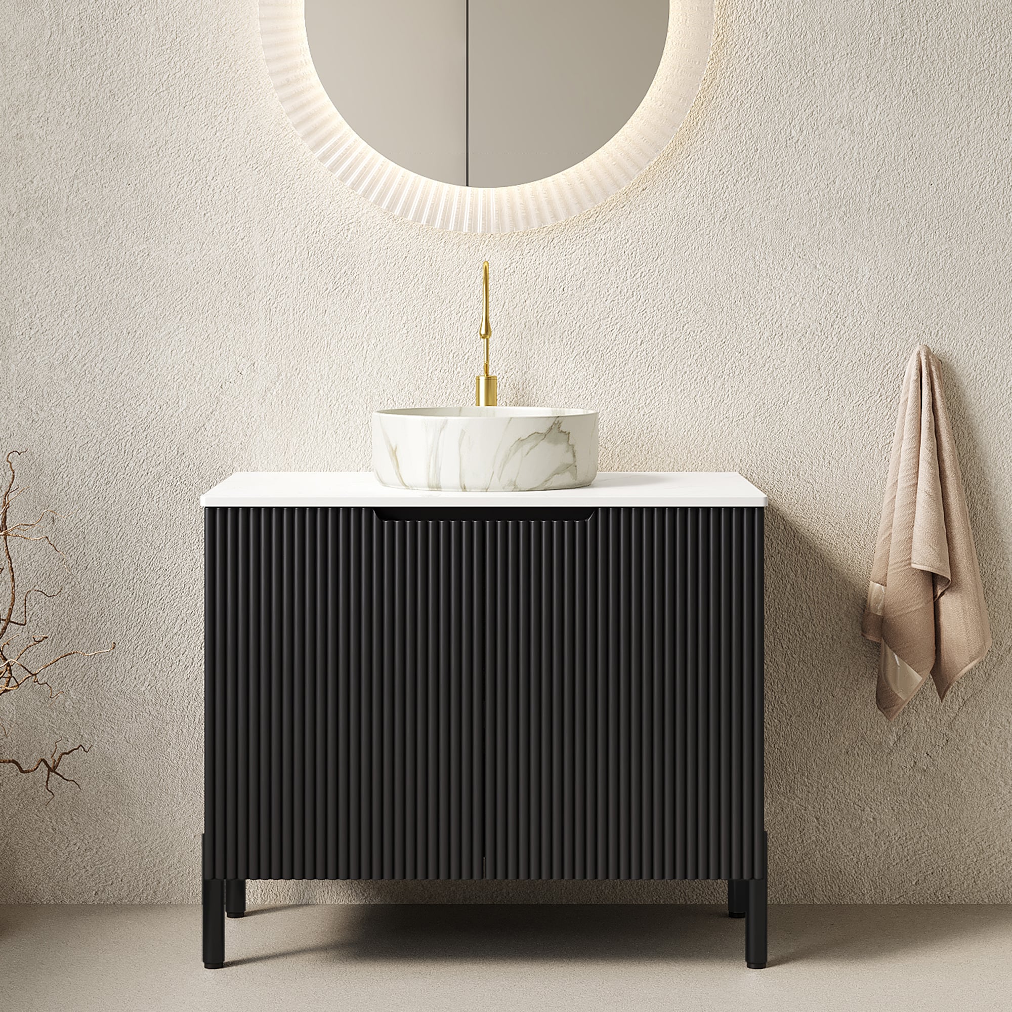 Vynxaria 30 in Black Freestanding Bathroom Vanity with White Ceramic Sink Carrara White Sintered Stone Countertop and 2 Soft Close Doors