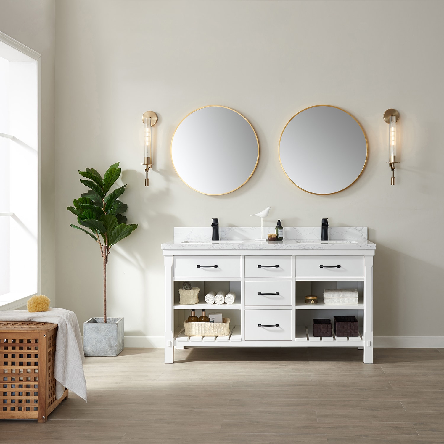 Vinnova 798060-WH-GW Valencia 60-in White Undermount Double sink Bathroom Vanity with White Engineered stone Top (Mirror Included)