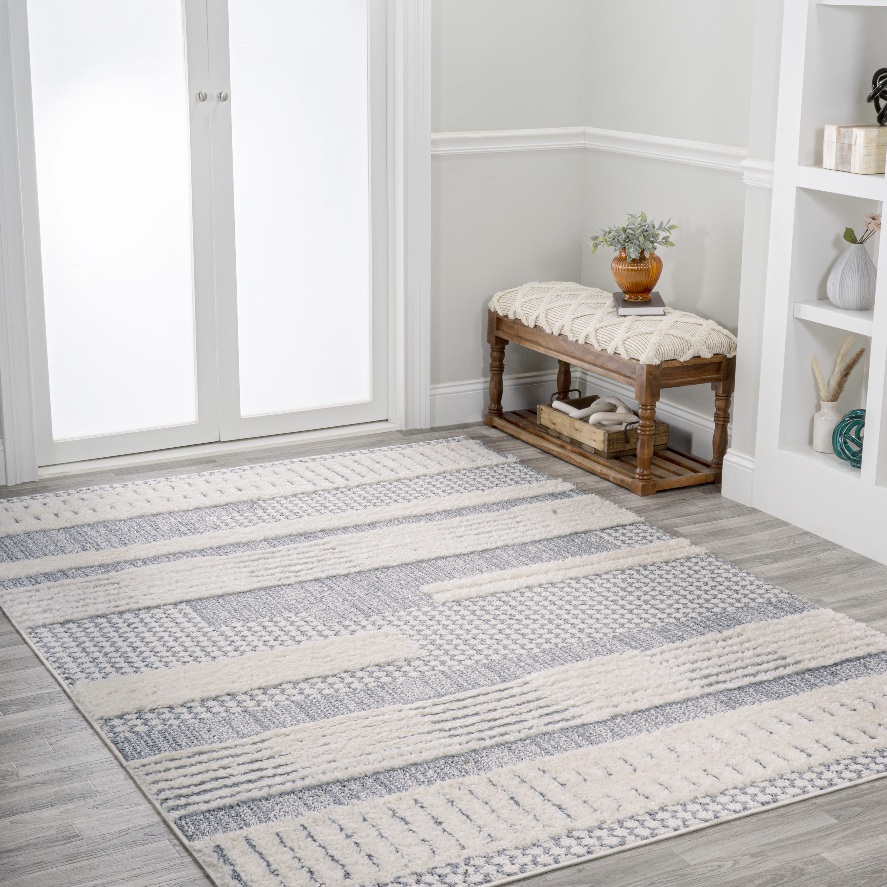 Gray and Cream Geometric High-Low Shag Area Rug