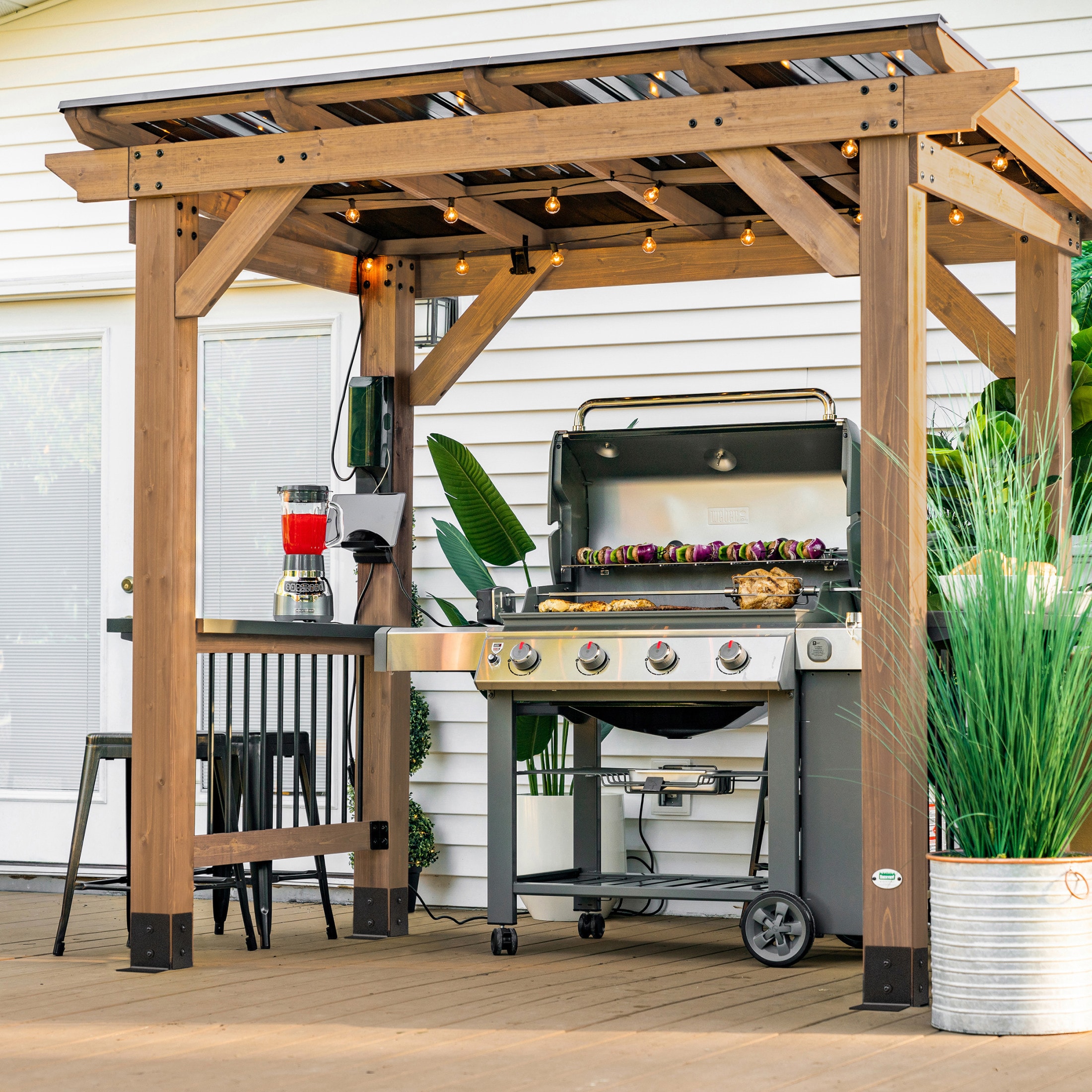 Backyard Discovery 2104617COM 8-ft x 5-ft Brown Rectangle Grill Gazebo with Hardtop Steel Roof