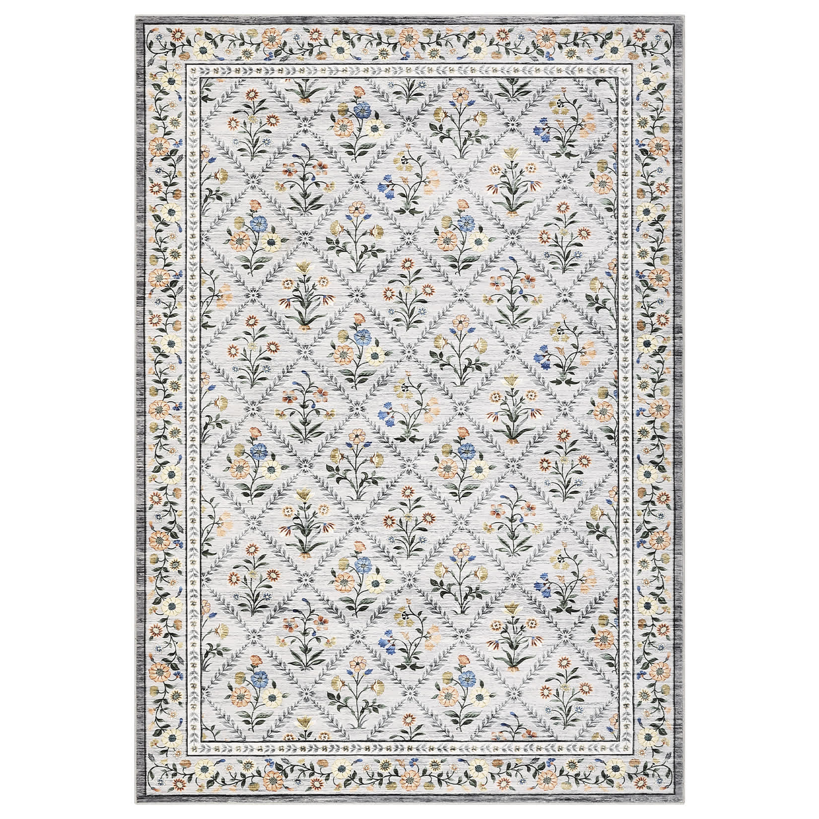 Qeetex LSN-PHK-349XNE6T 10 x 13 ft Polyester Cashmere Imitation Gray Rectangular Hallway Bathroom Entryway Kitchen Office Foldable Garden Flower Printed Modern Washable Area Rug