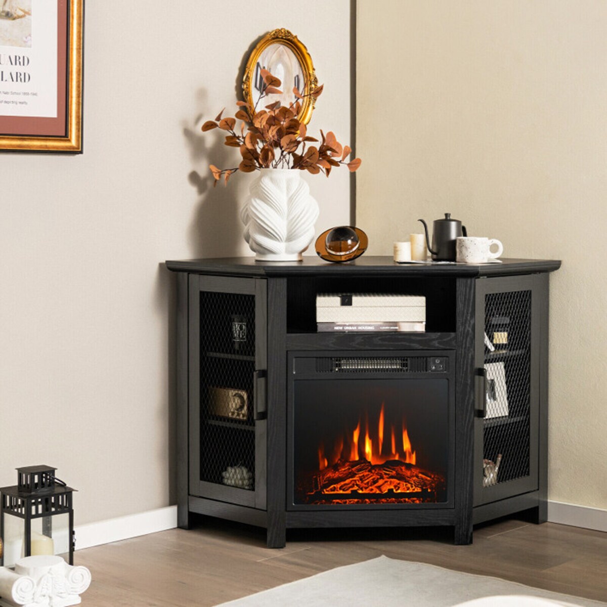 Clihome 45 Inches W Black TV Stand with Fan Forced Flat Wall Electric Fireplace with Remote Control Included CL DKUS 10169