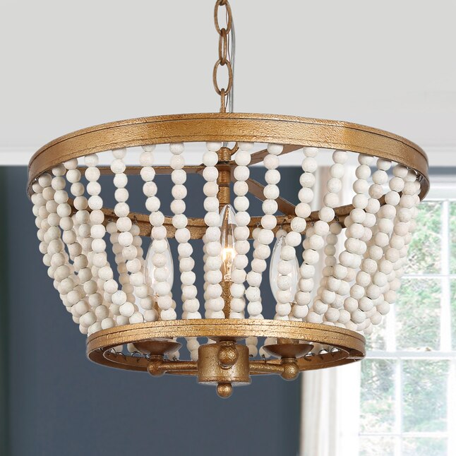 White Wood Drop Beads Drum Bohemian, Off White Washed Wood Chandelier