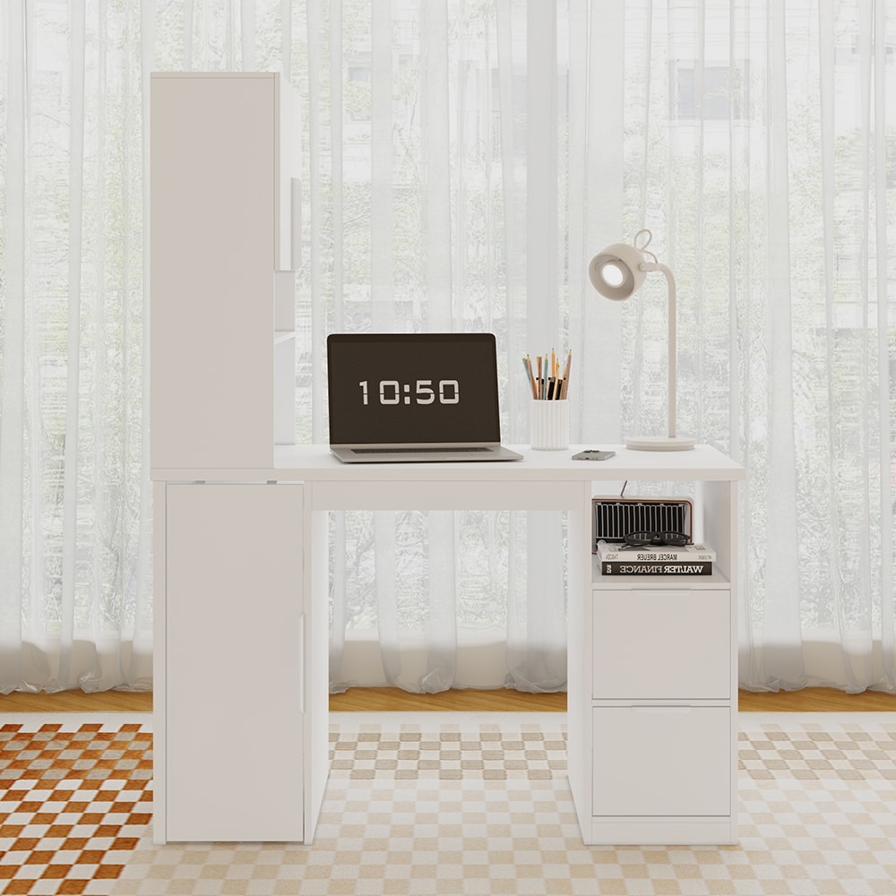 Homsee C-KF590007-01 White Work Desk Cabinet with Pegboard Drawers and Sliding Cabinet for Home Office Craft Storage