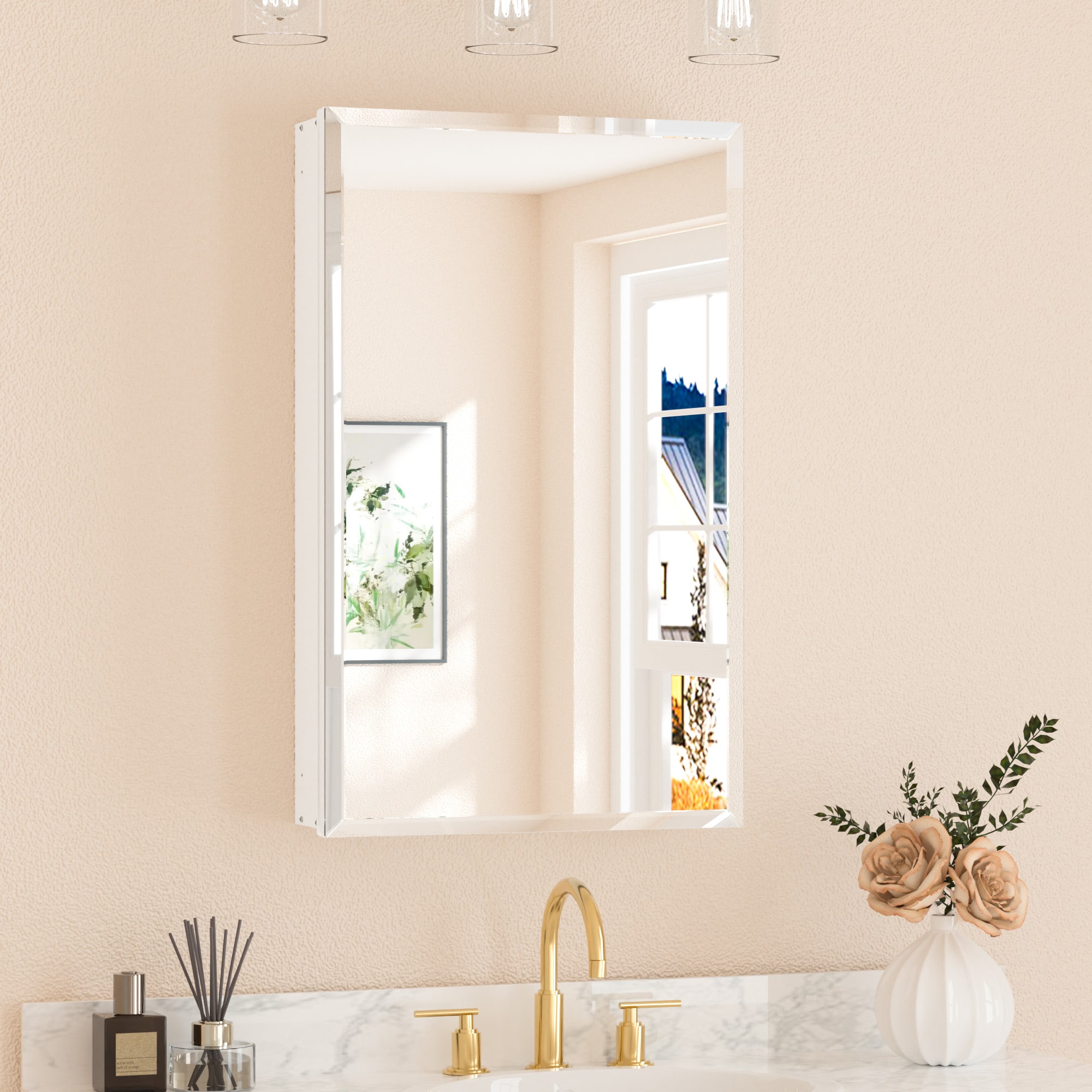 Keonjinn LW-JG-FJXP-5181-WH 20-in x 32-in Surface/Recessed Mount White Mirrored Rectangle Soft Close Medicine Cabinet