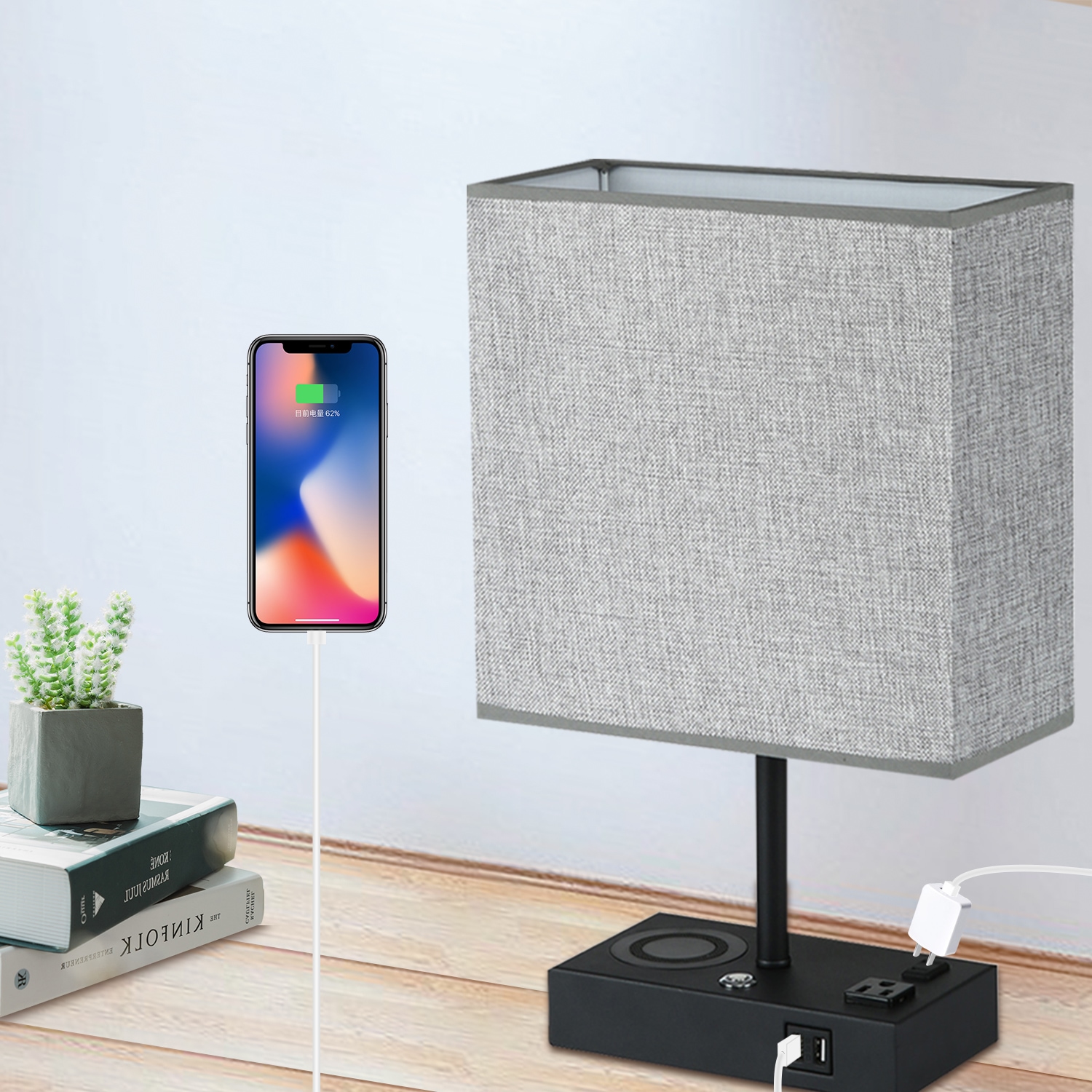 17 in. Black Wireless Charging Table Lamp with USB Port