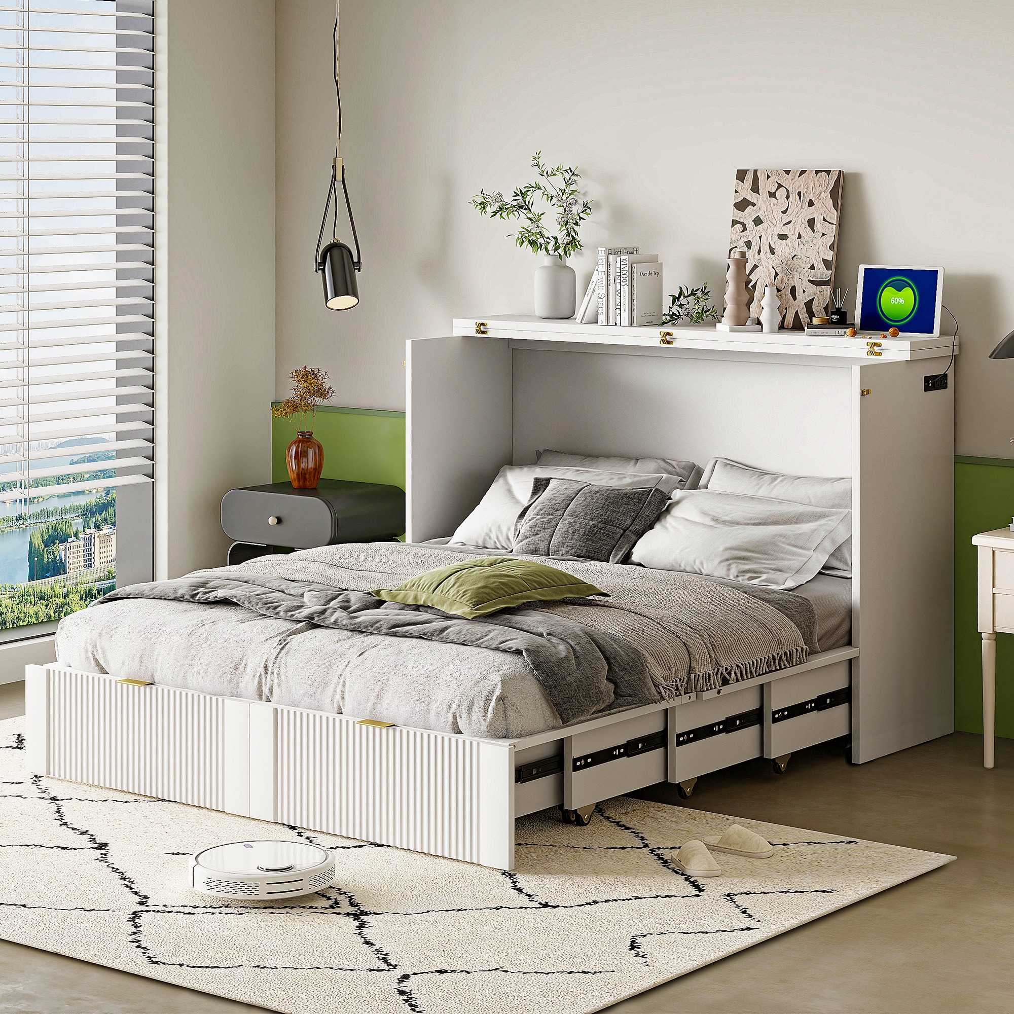 ModernLuxe LP100770AAK Full Size Murphy Bed  with drawer and a set of Sockets  USB Ports Pulley Structure Design White