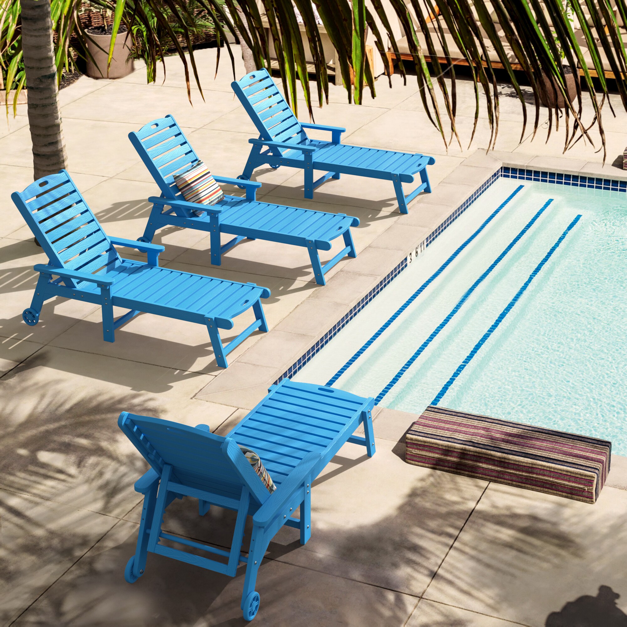 LUE BONA 4LB23OLC0001-500LS Set of 4 Blue HDPE Frame Stationary Chaise Lounge Chair with Slat Seat