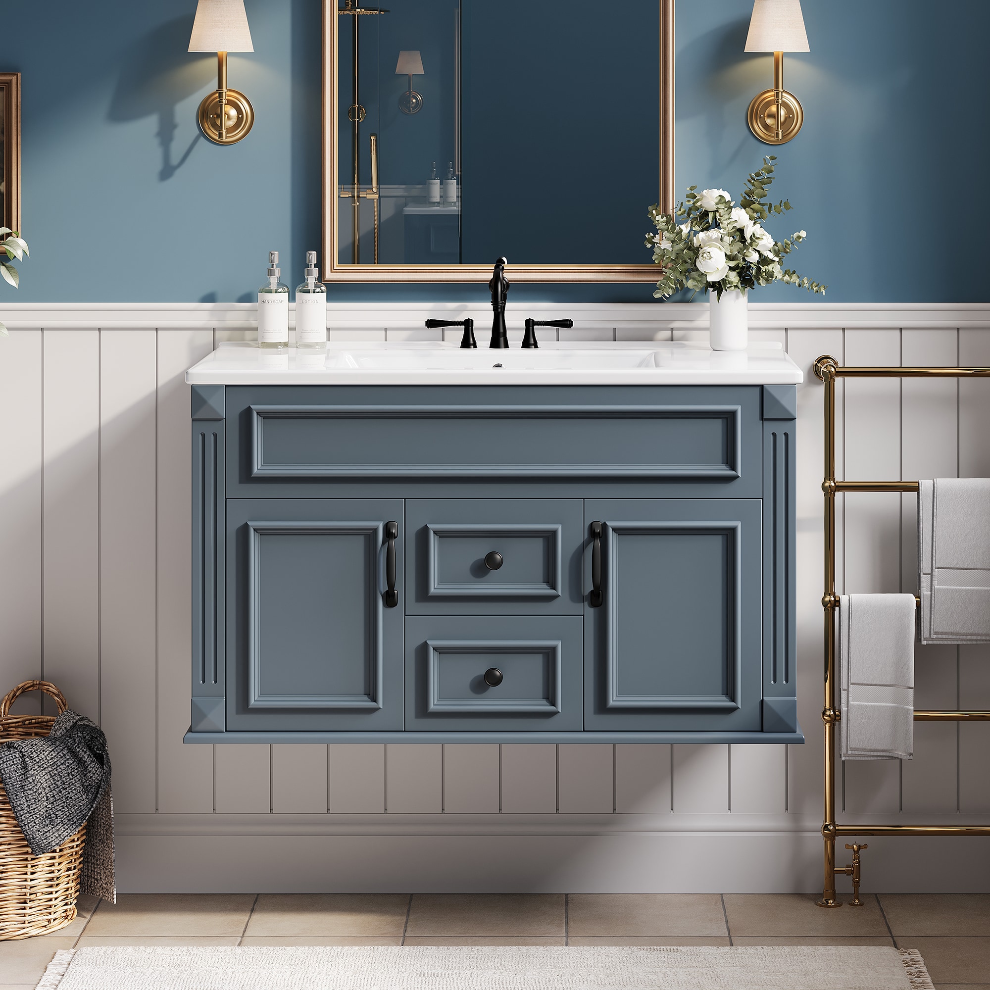 ES-DIY 36-in Blue Wall-Mounted Bathroom Vanity with Ceramic Sink Drawers and Soft-Close Hinges