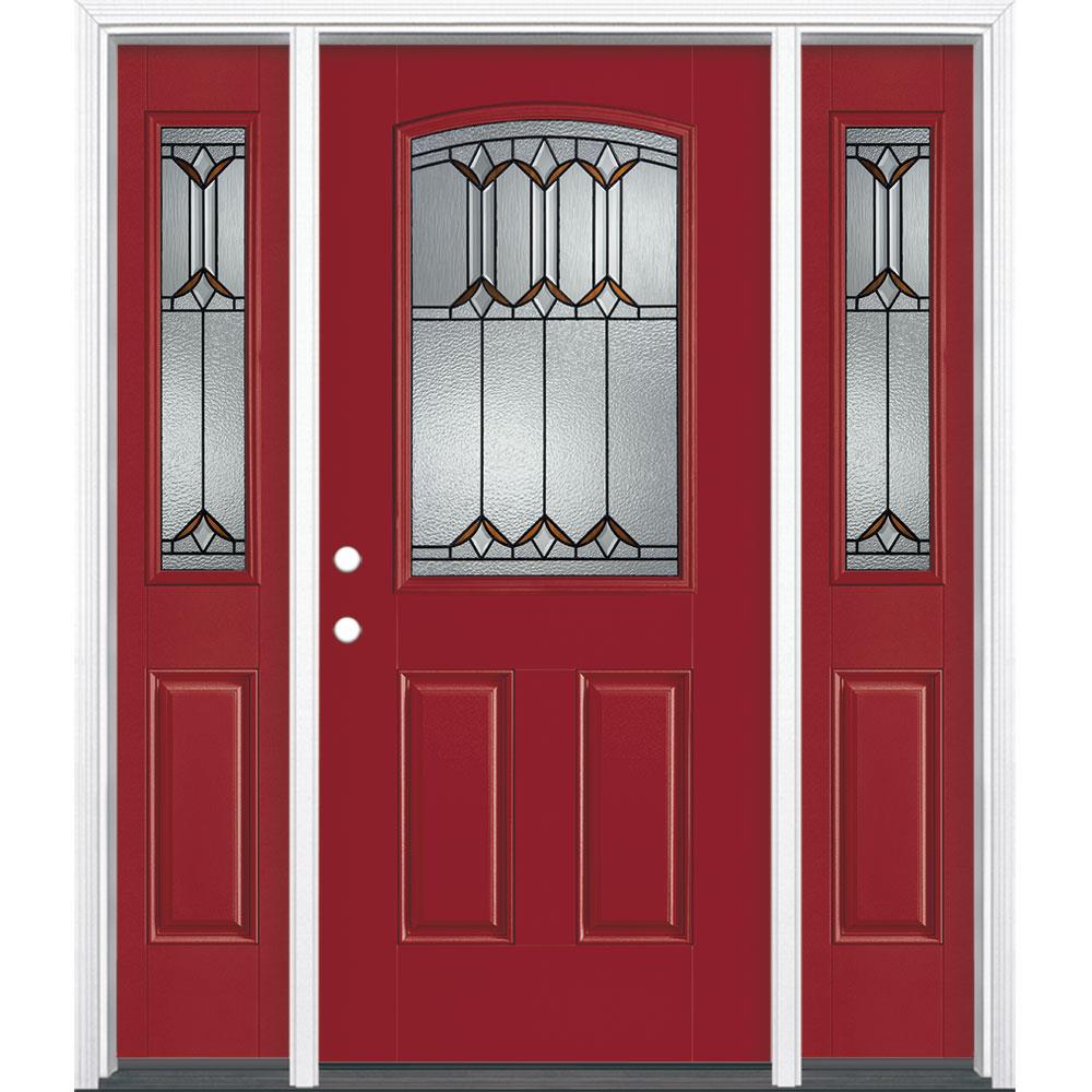 Masonite 897871 Park Hill 64-in x 80-in Fiberglass Half Lite Left-Hand Inswing Roma Red Painted Single Front Door with Sidelights with Brickmould Insulating Core