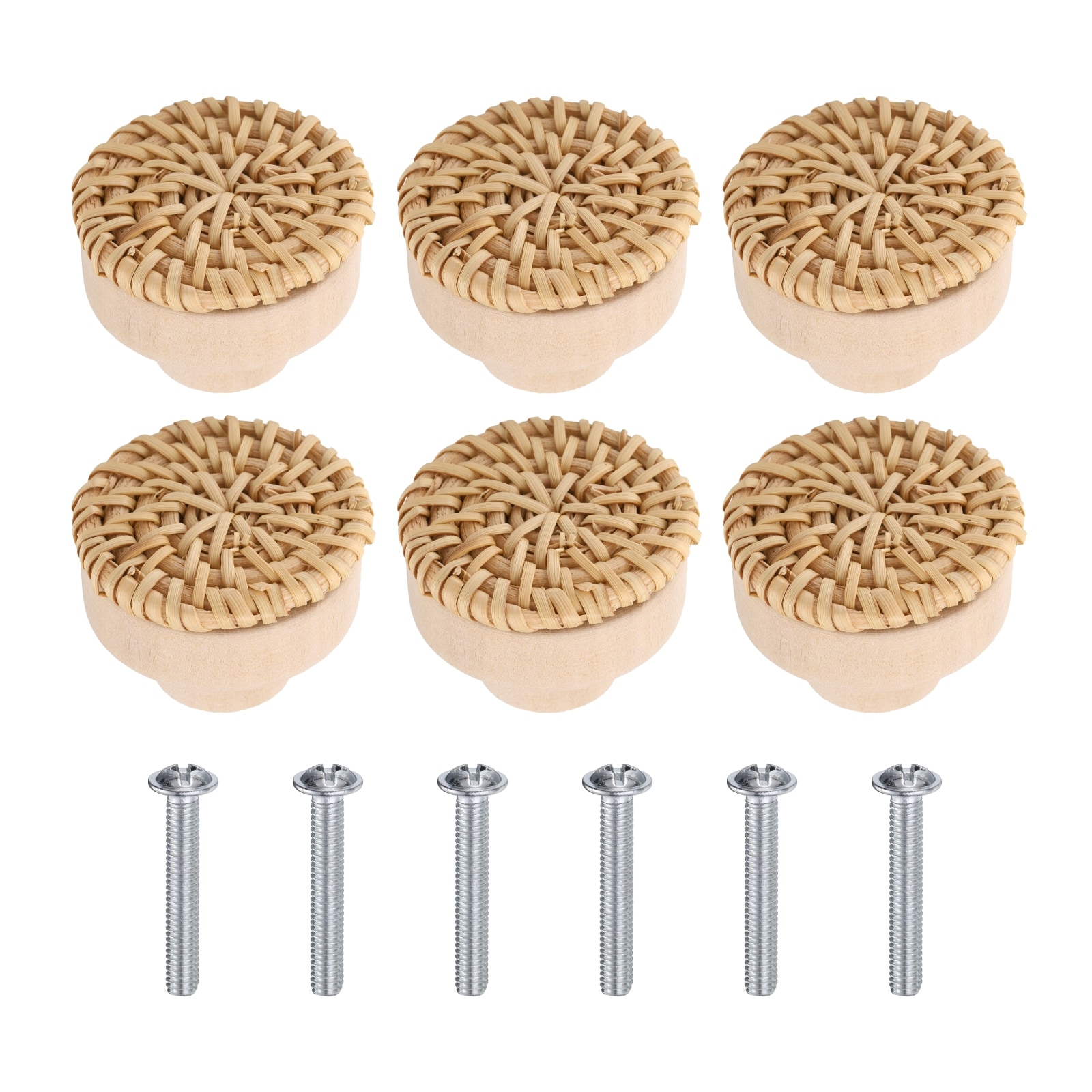 Unique Bargains 6pcs Rattan Knobs Round Wood Dresser Drawer Knob Pulls Handmade with Screws for Dresser Drawer Closet Cupboard Furniture Wood Color