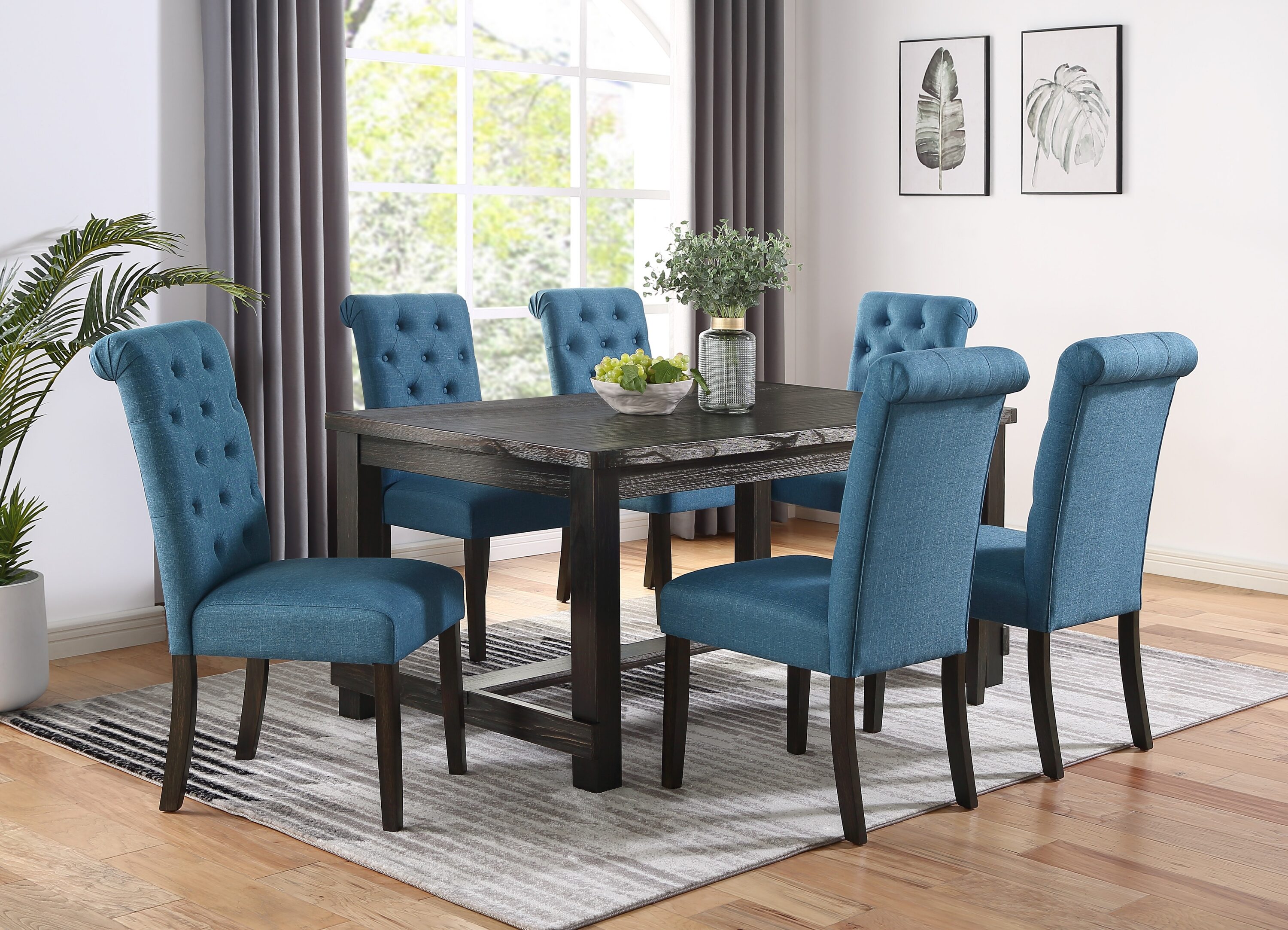 Clihome Wood Dining Sets Navy Chair/Black Table Contemporary/Modern Dining Room Set with Rectangular Table ( Seats 6 )