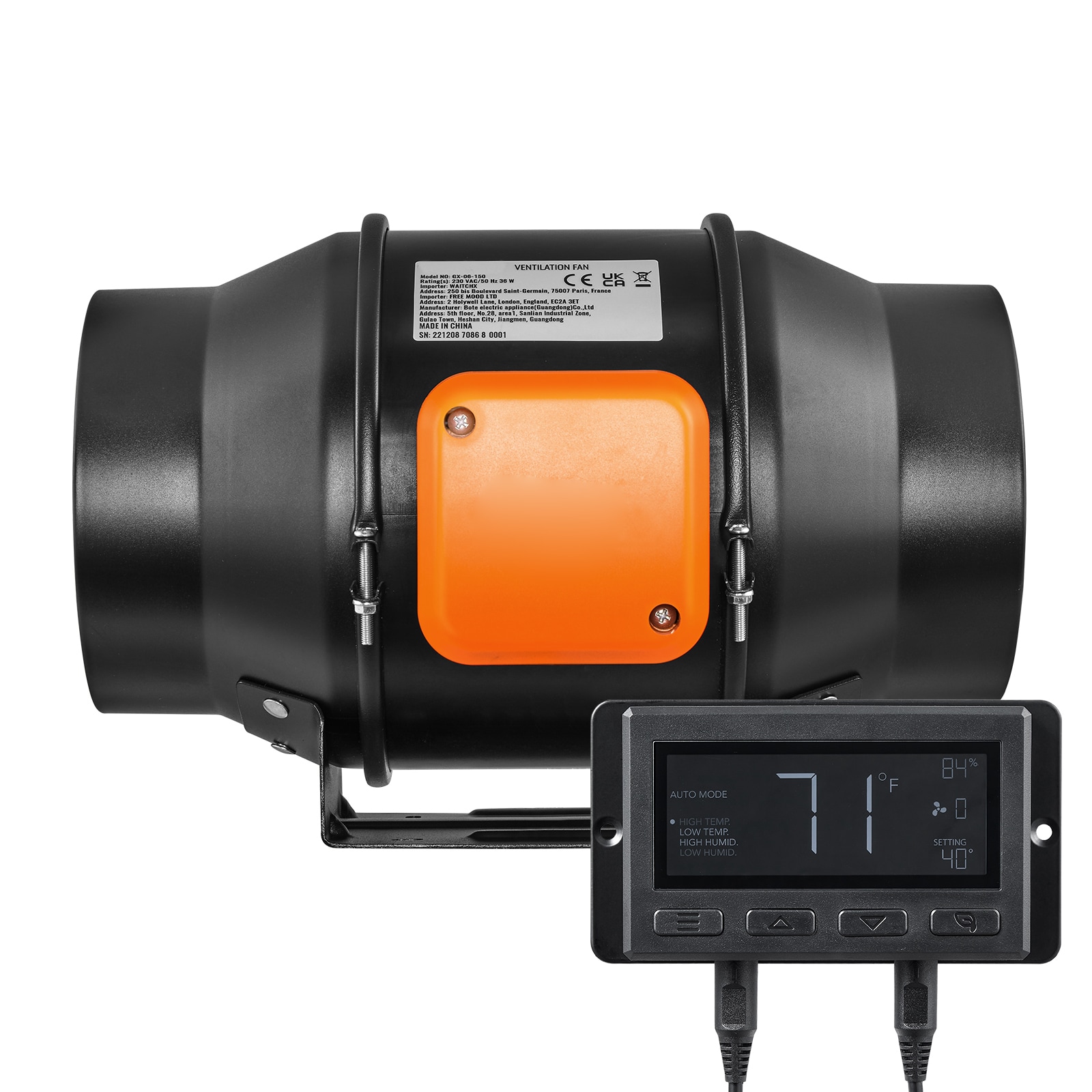 VEVOR SCXLGDFJYCHS01438V1 Tuspuzz Inline Duct Fan  6-Inch 402 CFM with Temperature Humidity Controller  Quiet EC-motor Ventilation Exhaust Fan for Cooling Booster  Grow Tents  Hydroponics