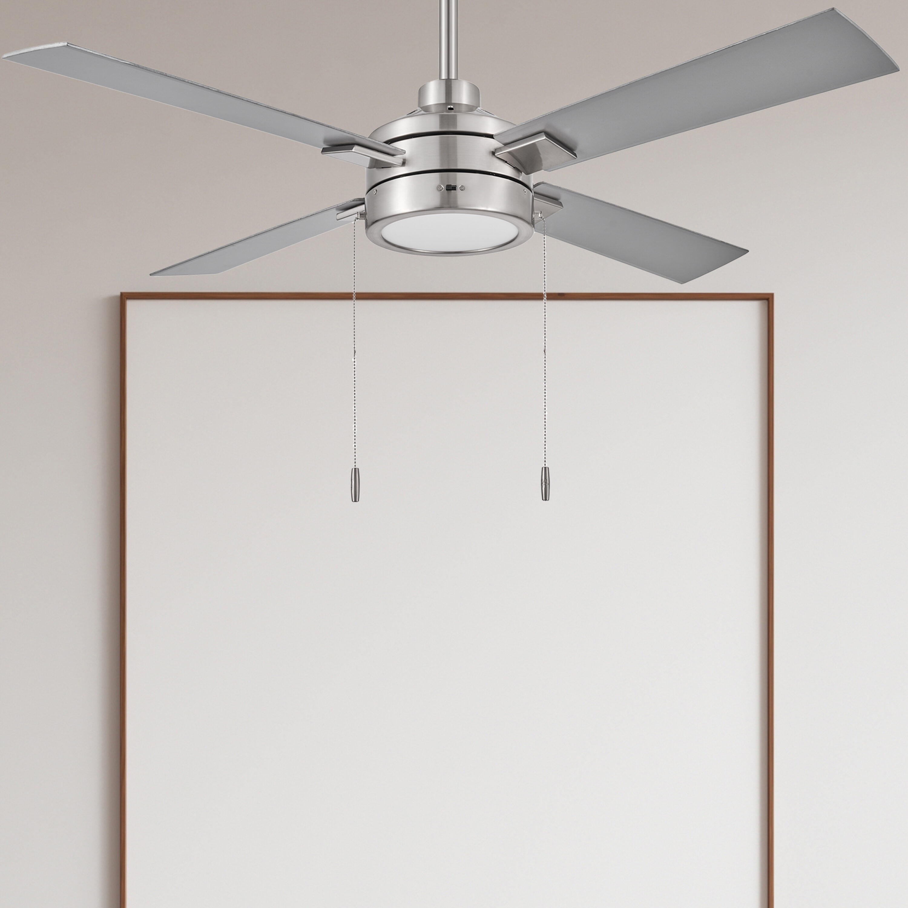 Harbor Breeze Eddington Easy2Hang 52-in Brushed Nickel with Silver/Burnished Maple Blades LED Ceiling Fan With Light and Pull Chain Included 4 -Blade