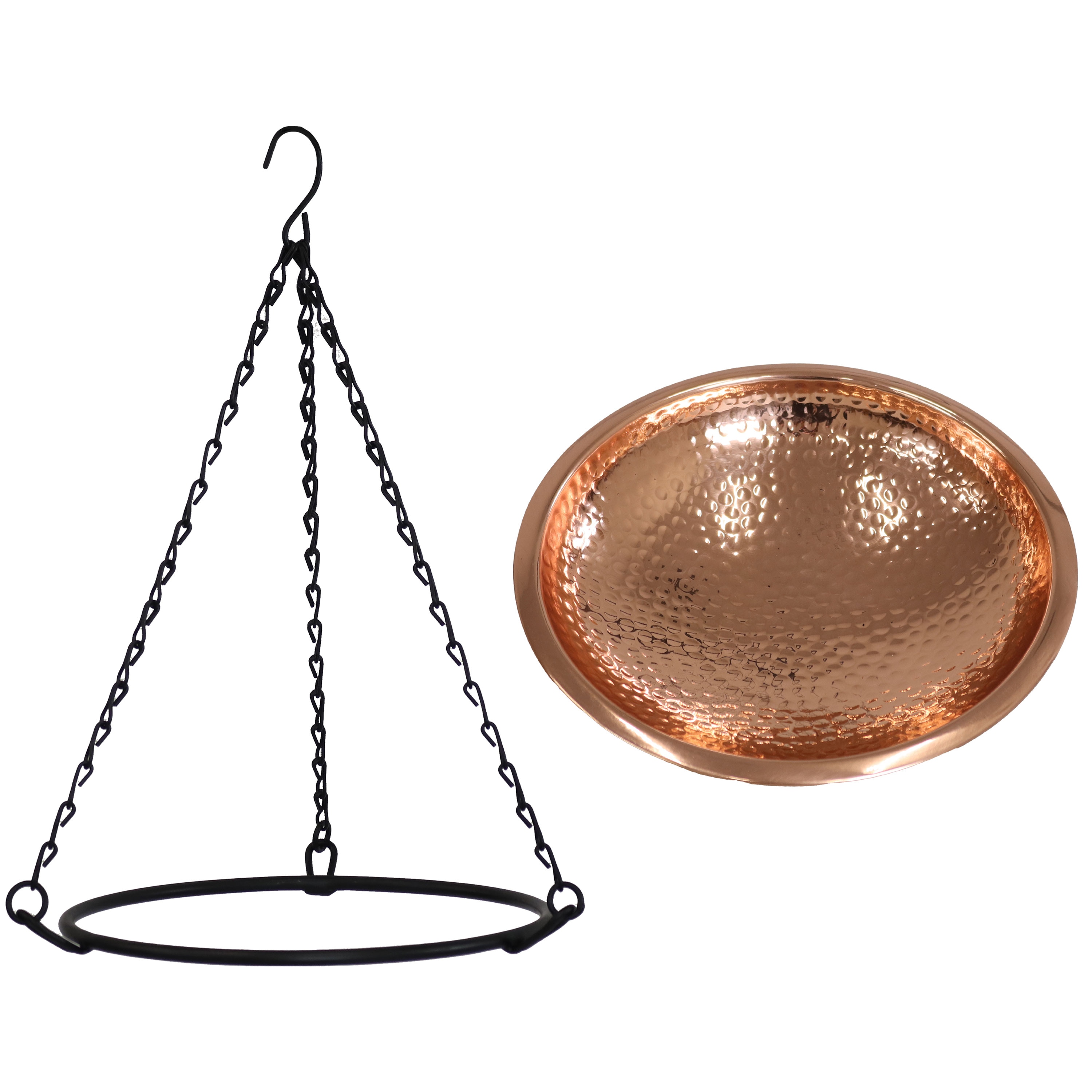 Hand-Hammered Copper Hanging Bird Bath Feeder with Iron Chains