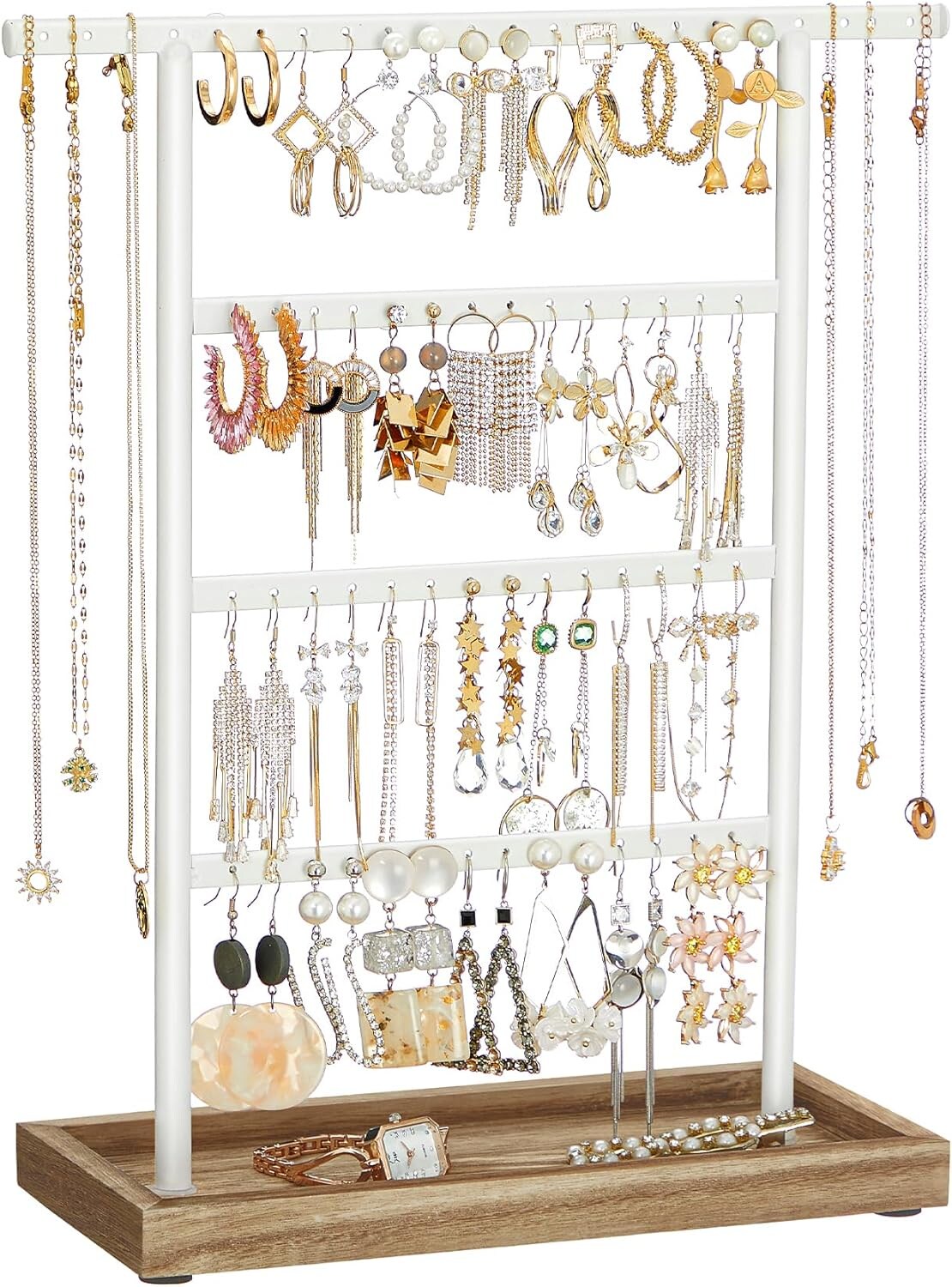 SONGMICS HOME 4-Tier Earring Holder Stand with Base Tray for Studs and Necklaces Wood Color and White