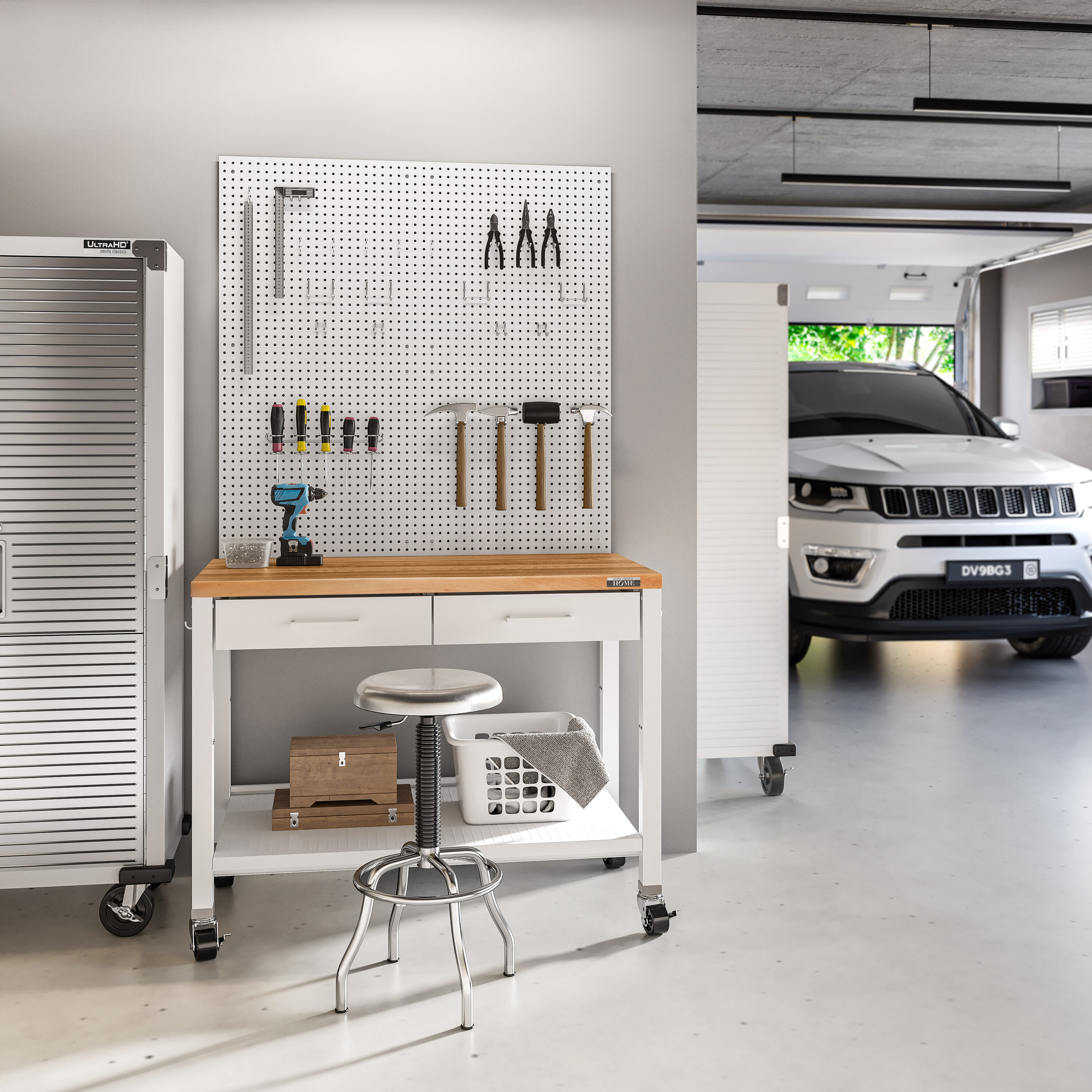 White Steel Work Center Kitchen Island with Wood Top