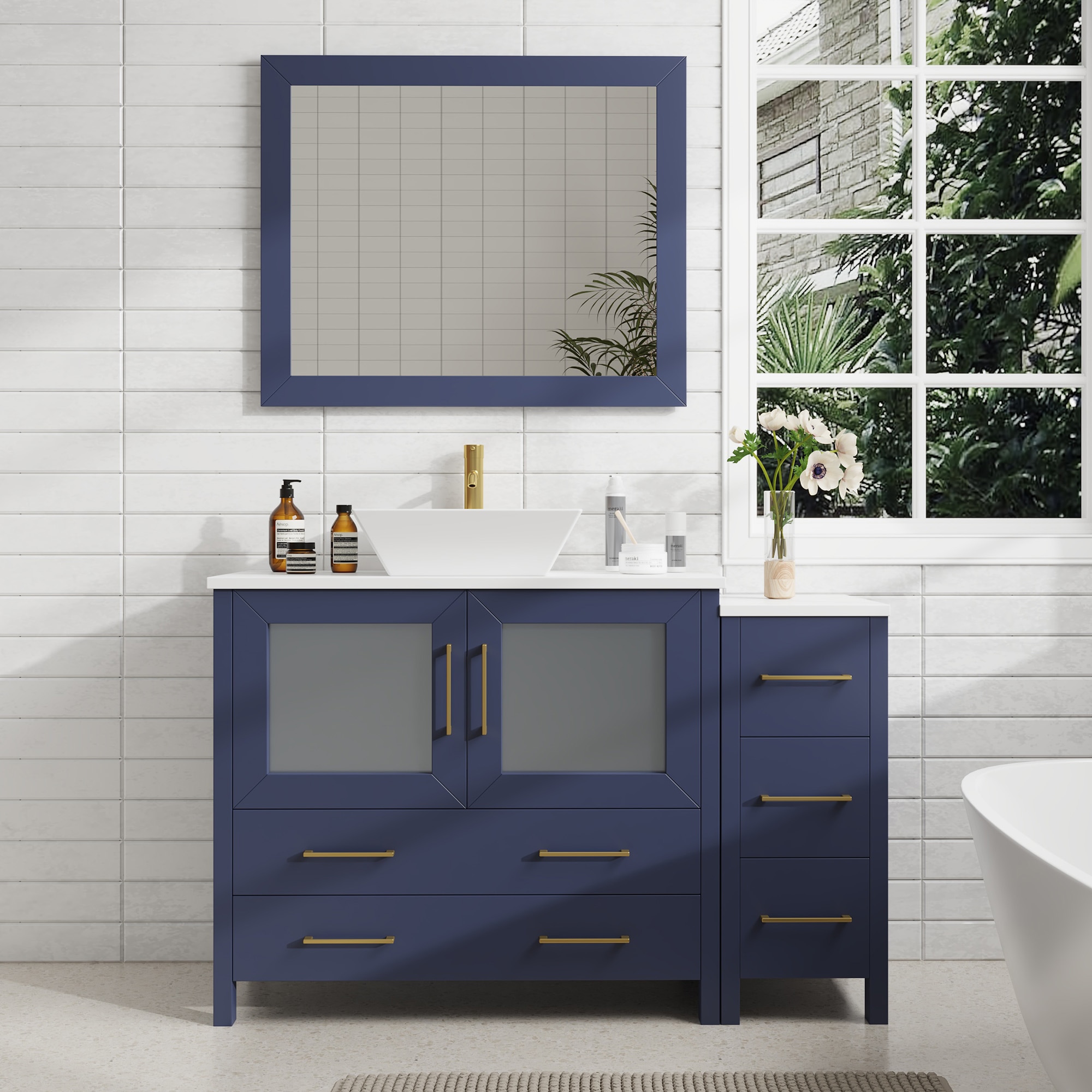 Vanity Art VA3136-48B Ravenna 48-in Blue Single Sink Bathroom Vanity with White Engineered Marble Top (Mirror Included)