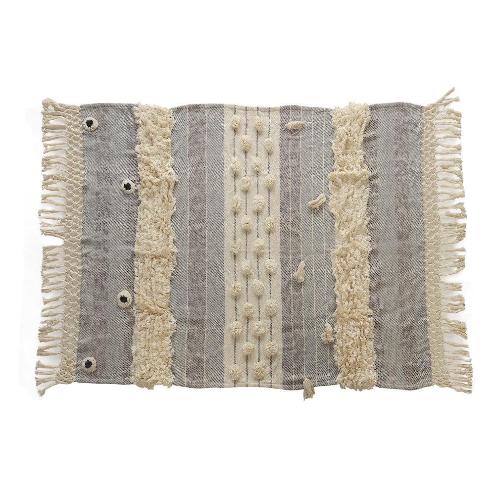 LR Home Grey/Beige Striped Hand-Woven All-Natural Cotton Throw Blanket