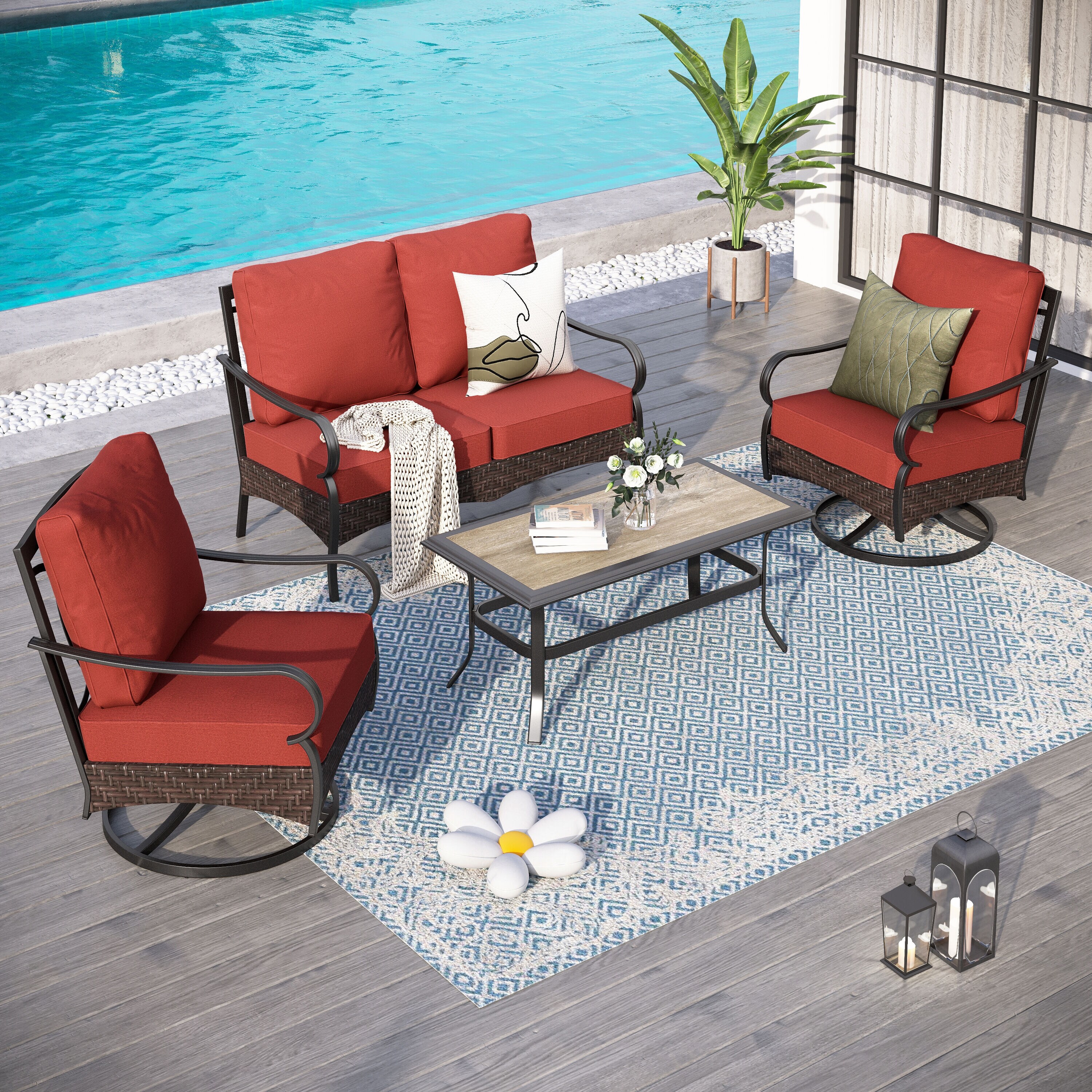 Sunshine Valley CR001-03-4-RD Patio Conversation Sets 4 -Piece Wicker Patio Conversation Set with Red CUSHION PRO Cushions