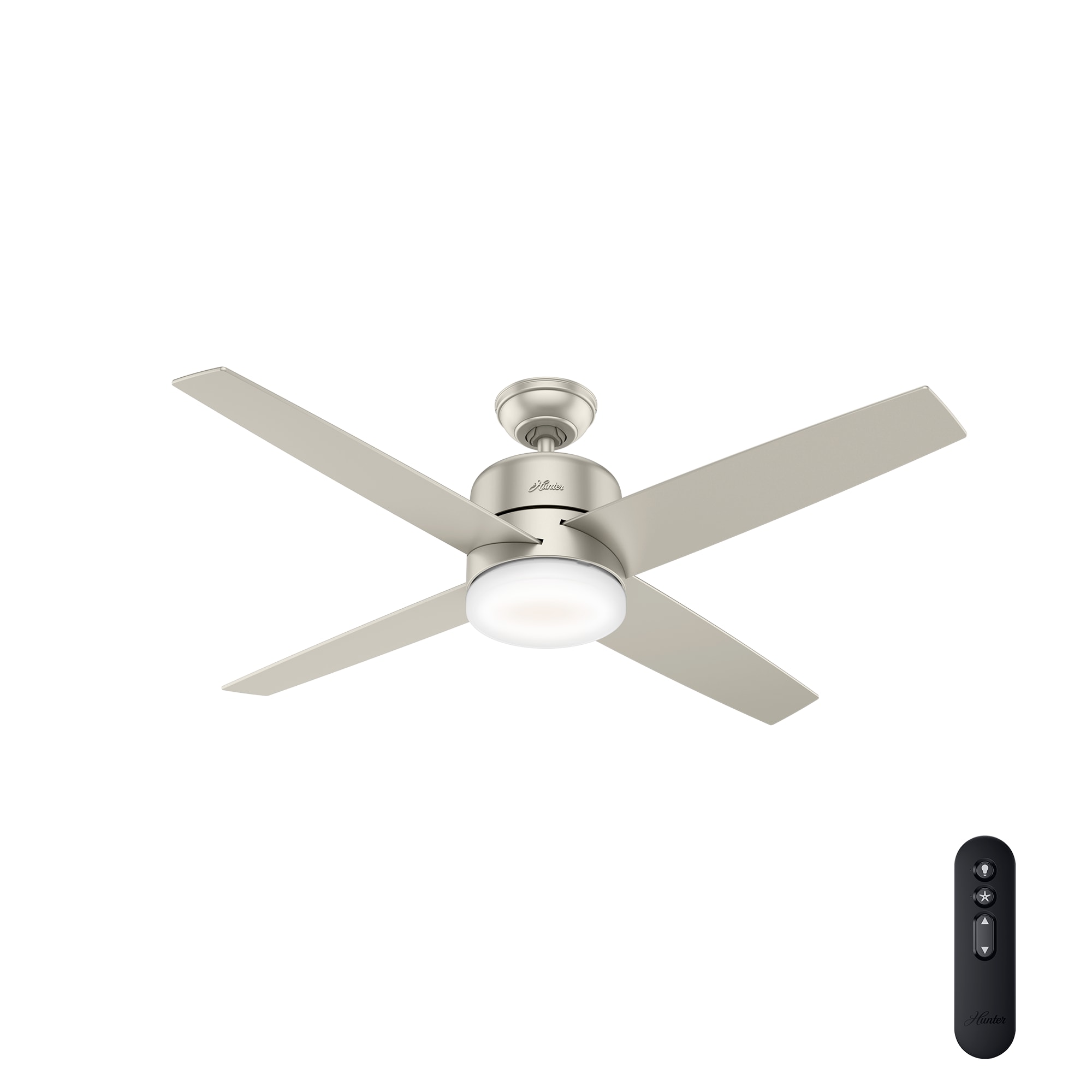 Hunter 59367 Advocate 54-in Matte Nickel Integrated LED Indoor Downrod or Flush Mount Smart Ceiling Fan with Light and Remote (4-Blade)