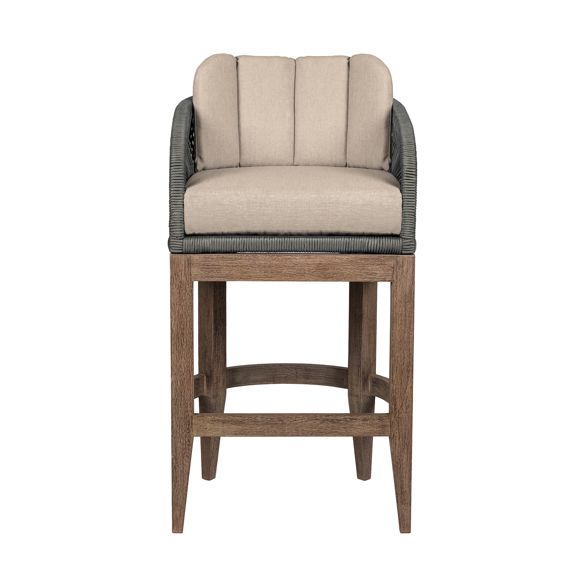 26" Weathered Eucalyptus Outdoor Counter Stool with Gray Rope and Taupe Cushions