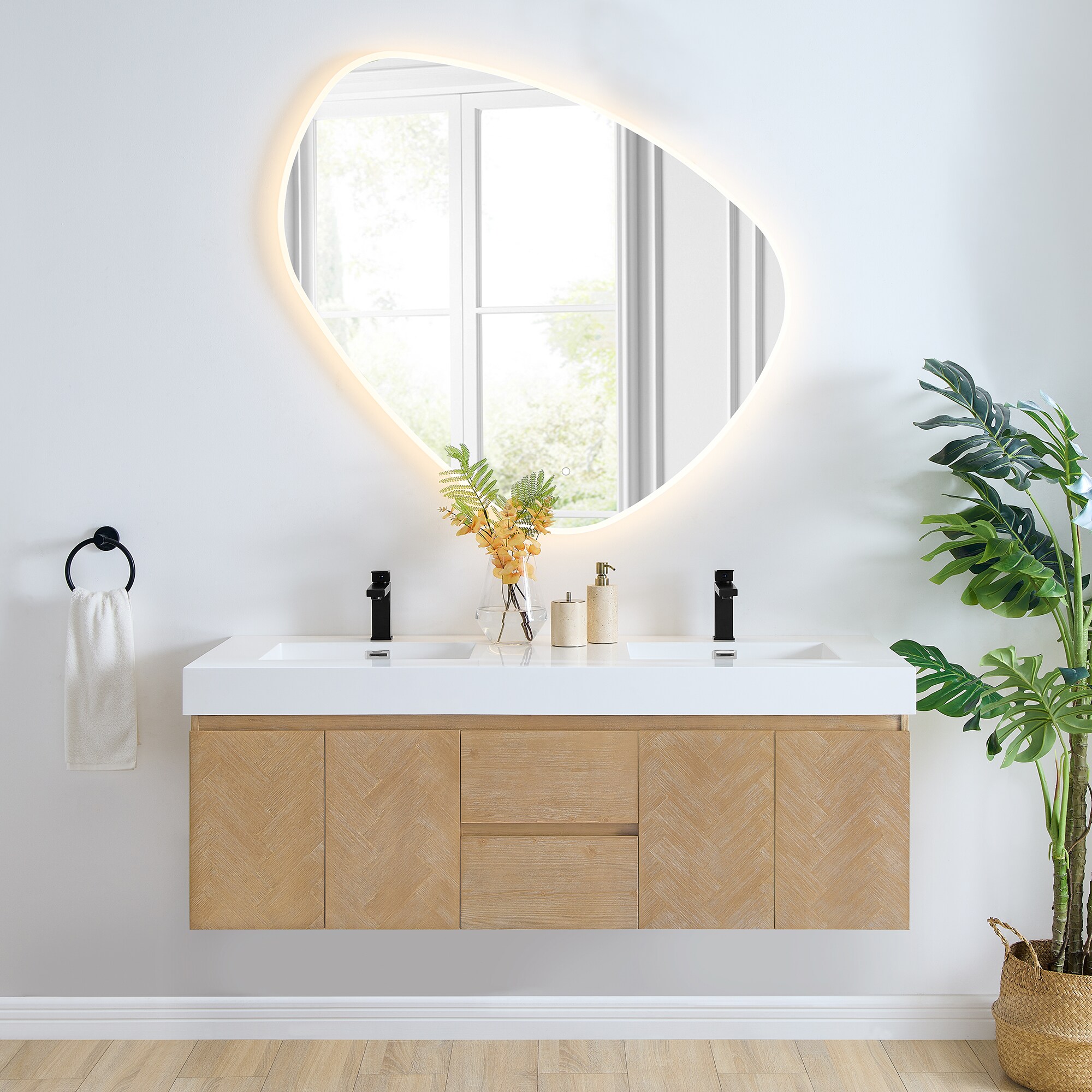 Altair 564060-LB-WH Siena 60-in Light Brown Double Sink Floating Bathroom Vanity with White Engineered Stone Top (Mirror Included)