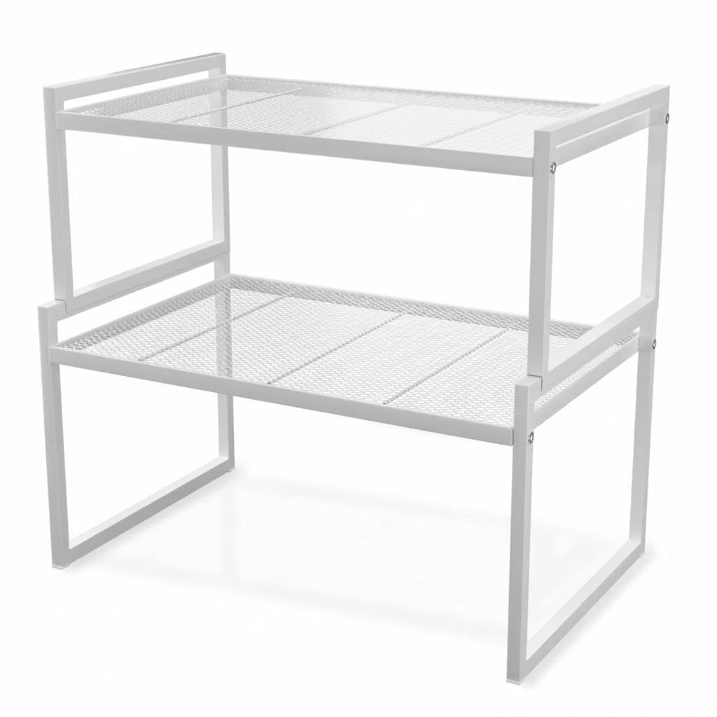 Etokfoks  2 Shelf White Rust Resistant Stackable Heavy Duty Steel Kitchen Pantry Cabinet Countertop Organizer
