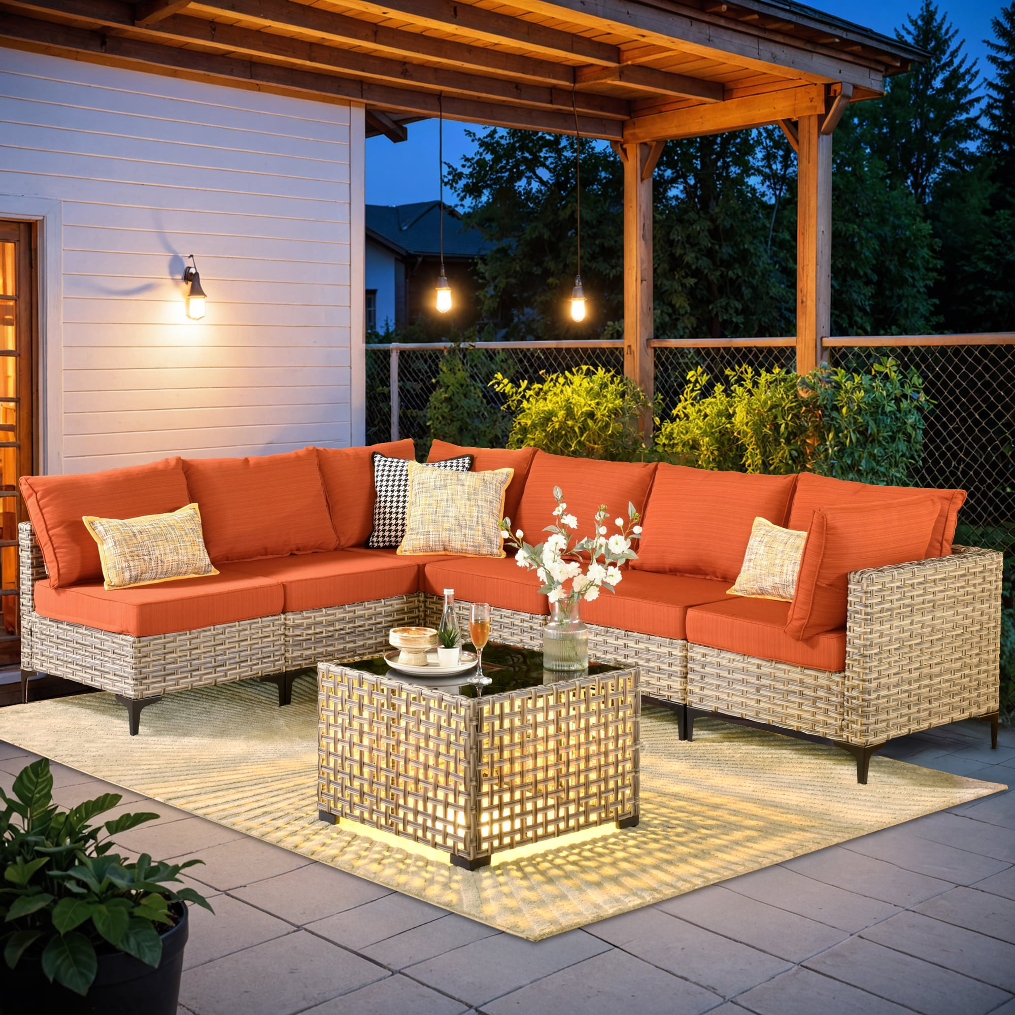 Caodoc L5-SKT80C7-1 SKT Wicker Outdoor Sofa with Red Cushions and Wicker Frame