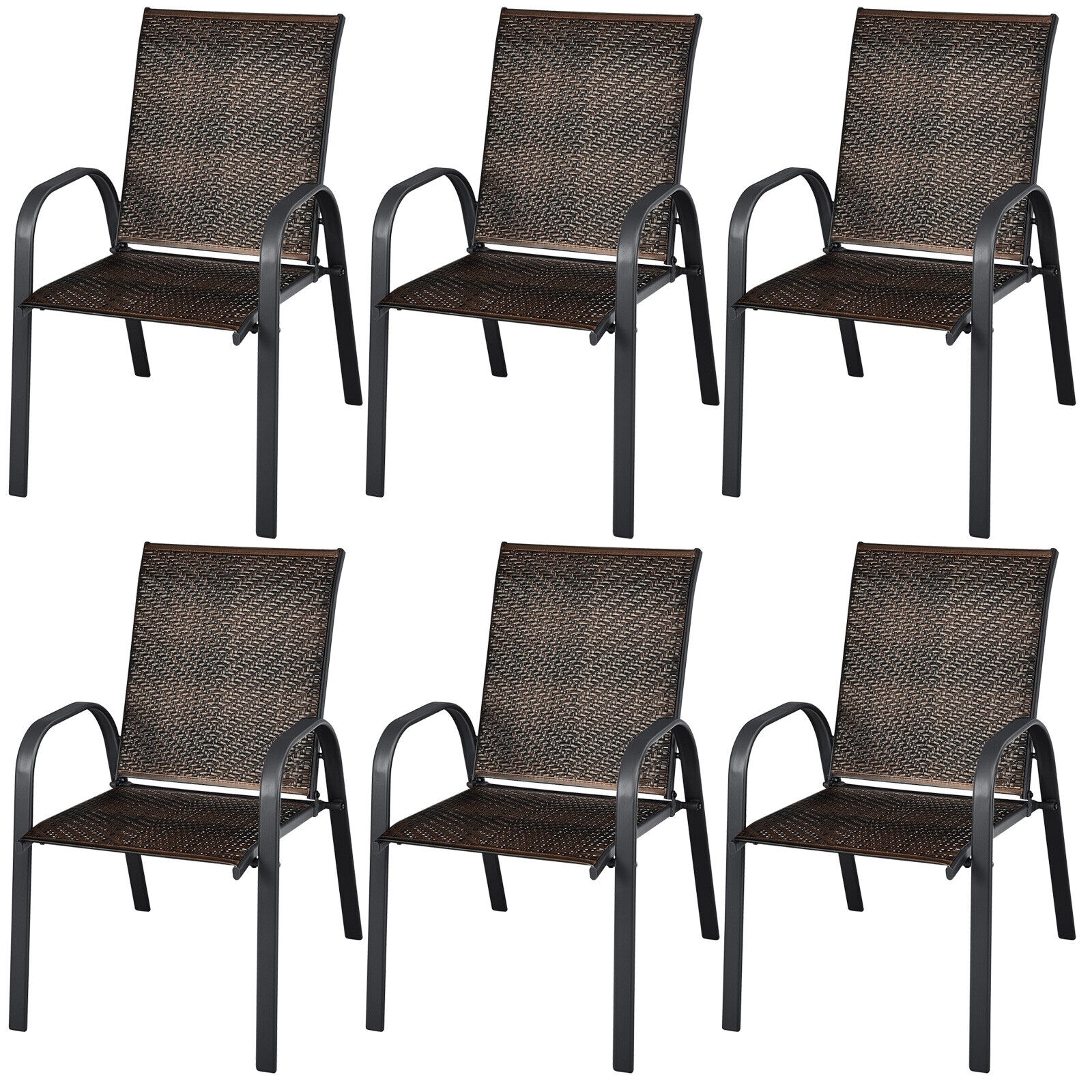 WELLFOR Stackable Chairs Set of 6 Rattan Stackable Black Steel Frame Stationary Dining Chair with Brown Solid Seat in the Patio Chairs department at Lowes