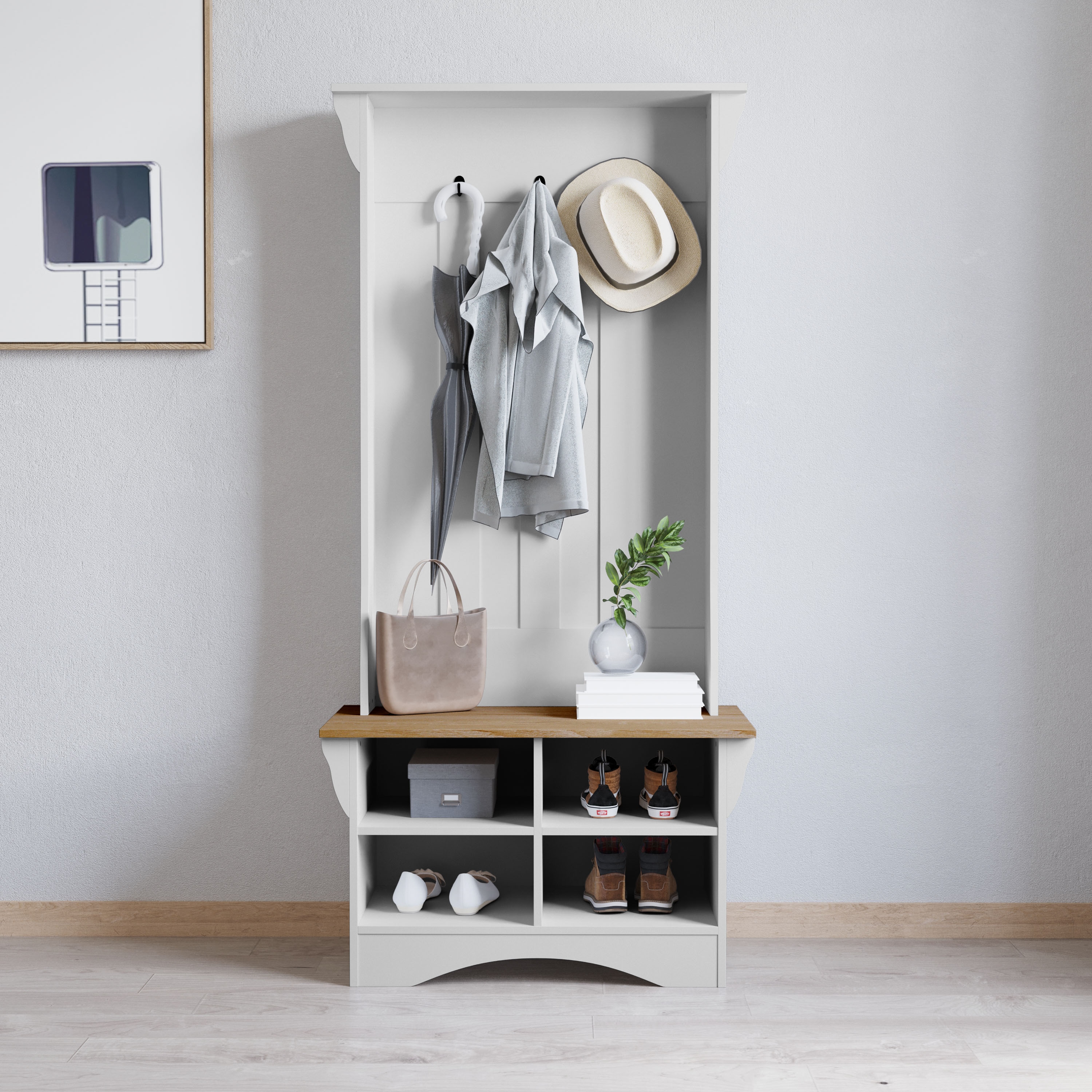 Merrick Lane 196861130793 Whitman Hallway Tree with Bench Seating; 3 Single Coat Hooks and Lower Storage with Adjustable Shelves in White with Weathered Wood Seat