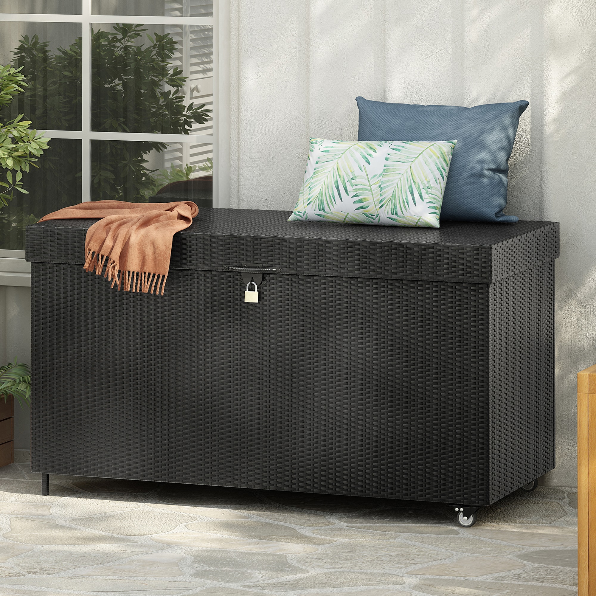 Xspracer ML-SC57NB Wicker Deck Box 59-in L x 28-in 200-Gallon Black Wood Deck Box