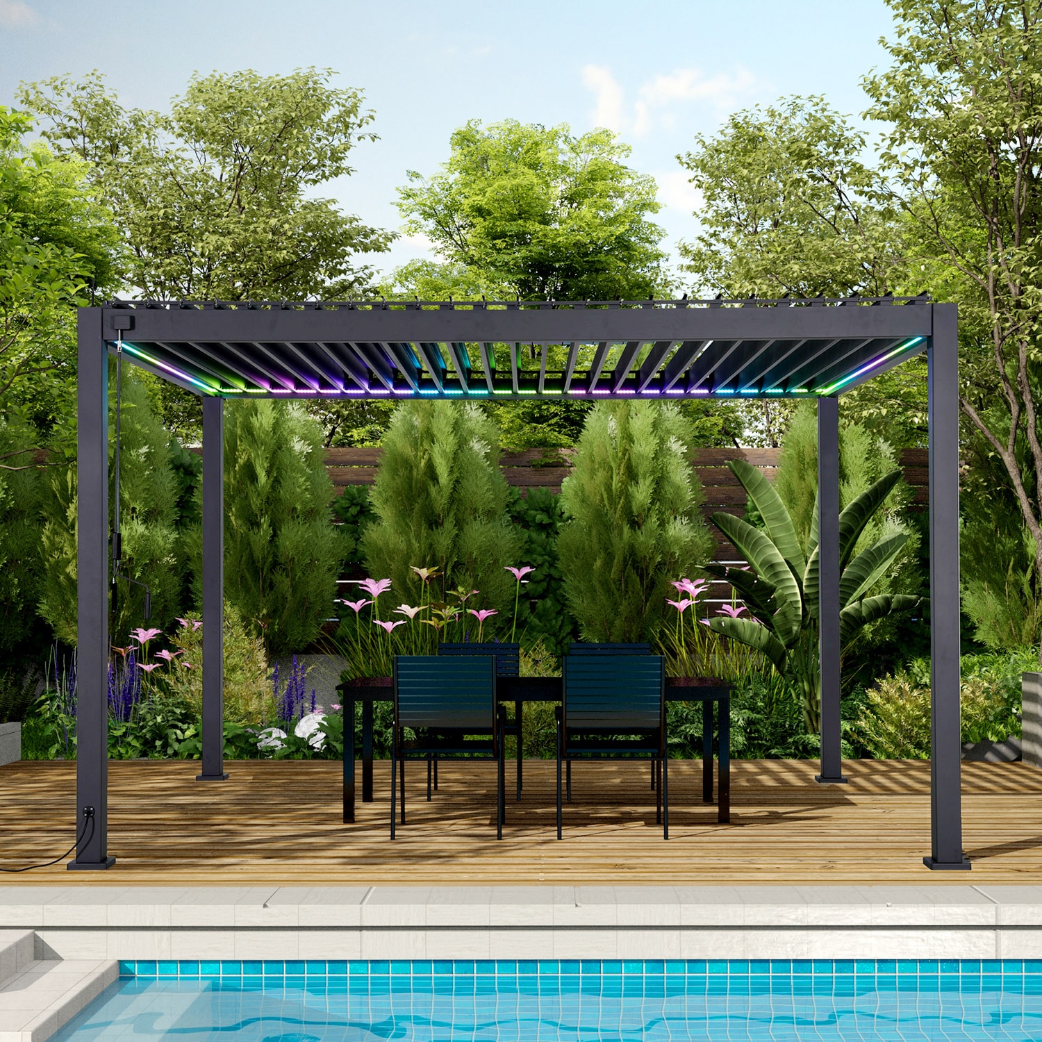 Mirador Modern 10 ft W x 13 ft L x 8 ft 8 in H Charcoal Metal Freestanding Pergola with Canopy USSRPG1500140 at Lowes