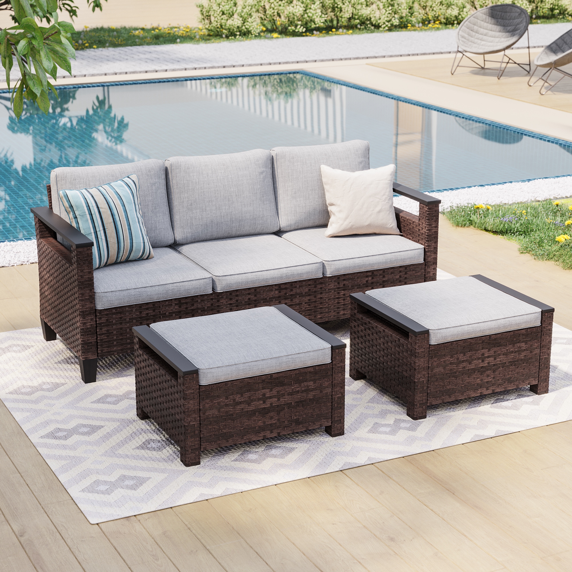 ACEGOSES LW-PS-126S1BLY Skytop 3 -Piece Wicker Patio Sofa Conversation Set with Gray Cushions